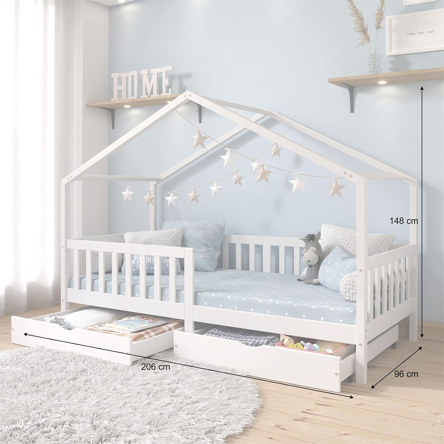 IDIMEX Hausbett ELEA aus massiver Kiefer, Kinderbett mit Rausfallschutz 90x200cm, Spielbett mit Dach in weiß