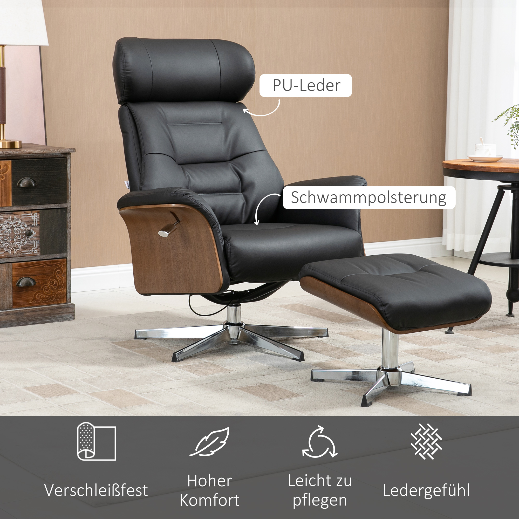 Fauteuil met voetenbank, 360° draaibaar, ligfunctie, leesstoel, zwart, 80 x 84 x 108 cm