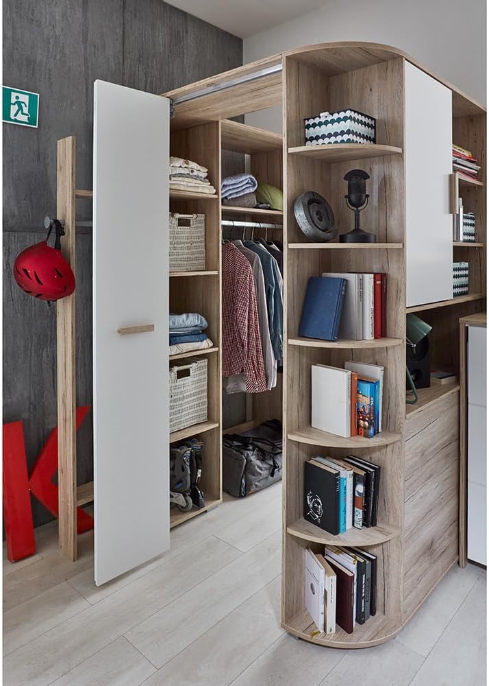 Lomadox Kinderzimmer Jugendzimmer begehbarer Eckkleiderschrank Kleiderschrank mit Bettkasten in Eiche mit weiß