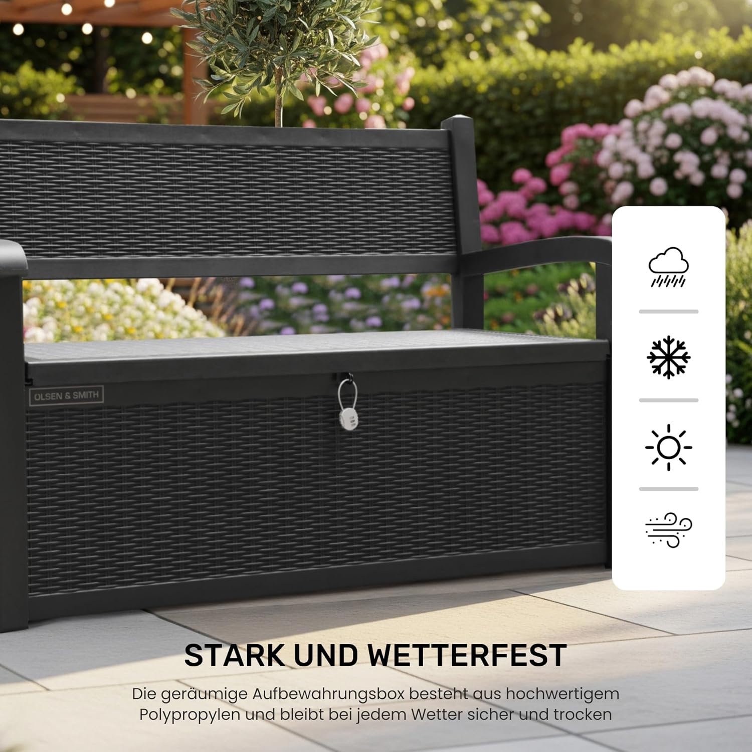 Olsen & Smith 265 Liter Gartenbank Wetterfest mit Stauraum Truhenbank Verschließbare Aufbewahrungsbox Auflagenbox Kunststoff Wetterbeständig Wasserdicht für Werkzeuge Spielzeug Decken und Mehr Schwarz