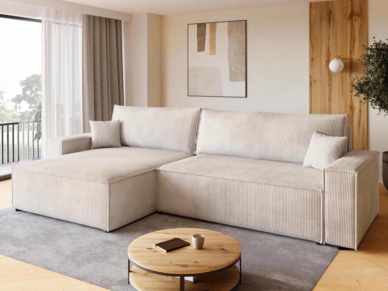 BROMARKT Sofa mit Schlaffunktion Couch L Cordstoff Sofa Bettkasten Schlafsofa für Wohnzimmer Ecksofa freistehend Adi XL Relaxsofa 3 sitzer 272x143x85 cm Vanilla