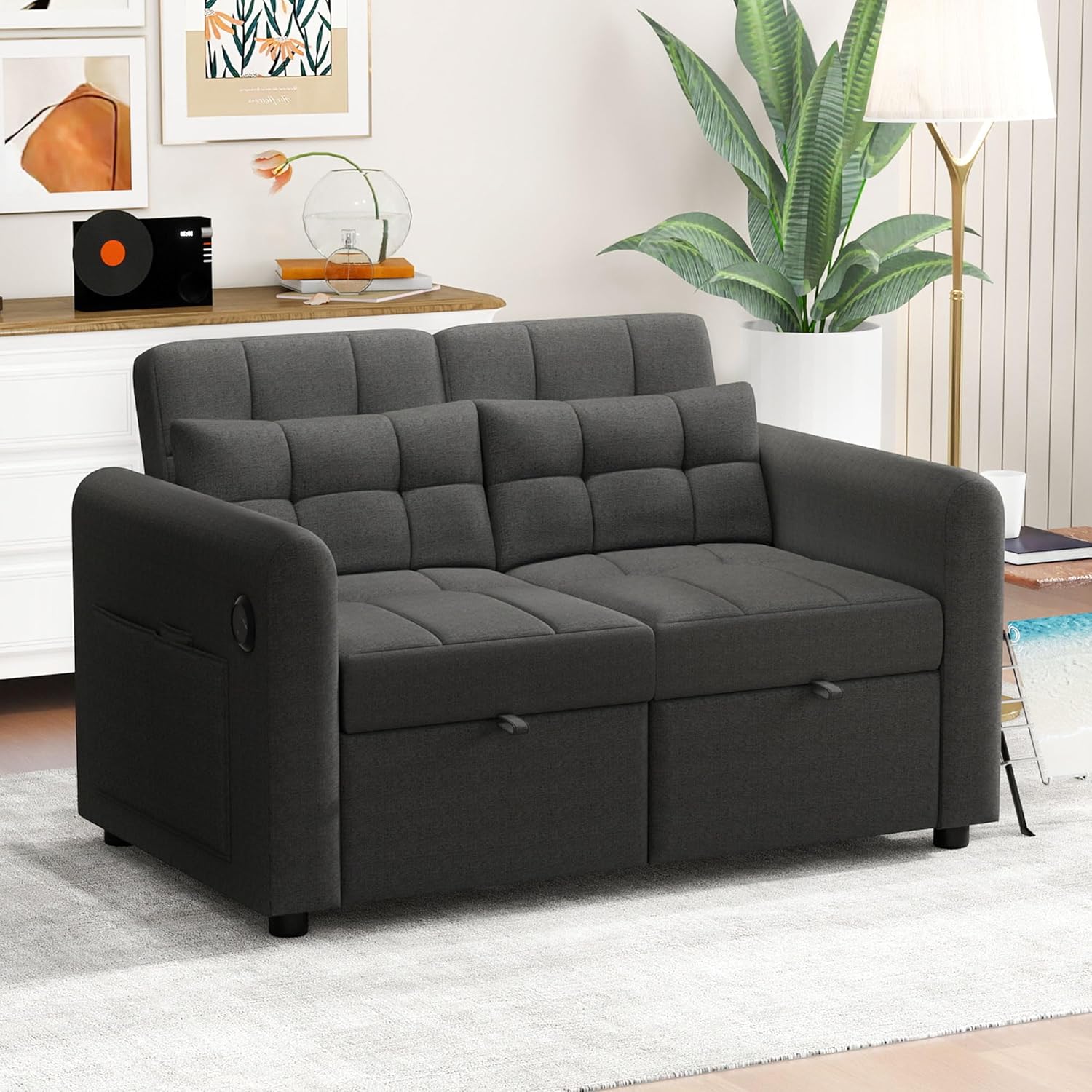 Modernes Doppel-Klappschlafsofa, 2-Sitzer Ausziehsofa mit Schlaffunktion, mit verstellbare Rückenlehne&Armlehnentaschen und Kissen, USB-Ladeanschluss, für Wohnzimmer Schlafzimmer Büro (Grau C)