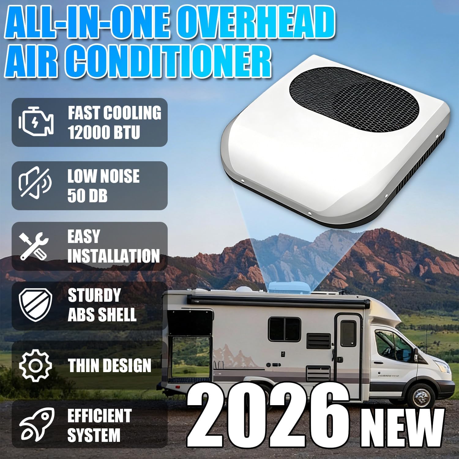 12v Klimaanlage Wohnmobil, Dachklimaanlage, Auto Klimaanlage, 12000 Btu, 5 Verstellbare Gebläsestufen, 1900 W Kühlleistung, 470 CFM, Für Wohnmobile, Camper, Autos, Sattelauflieger, Lastwagen 24V