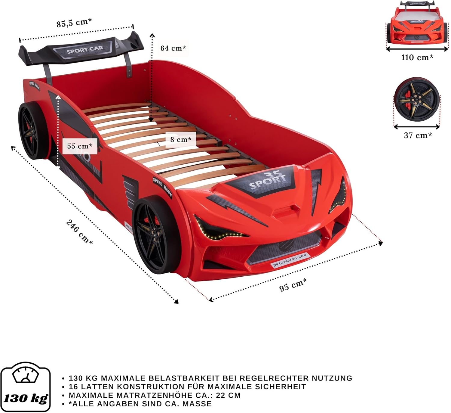 Autobett Kinder Kinderbett Rio 90x200 Rennwagenbett inkl. Lattenrost LED-Leuchte Spoiler (inkl. Creativ Fresh H2 Matratze, Rot inkl. Sportsitze)
