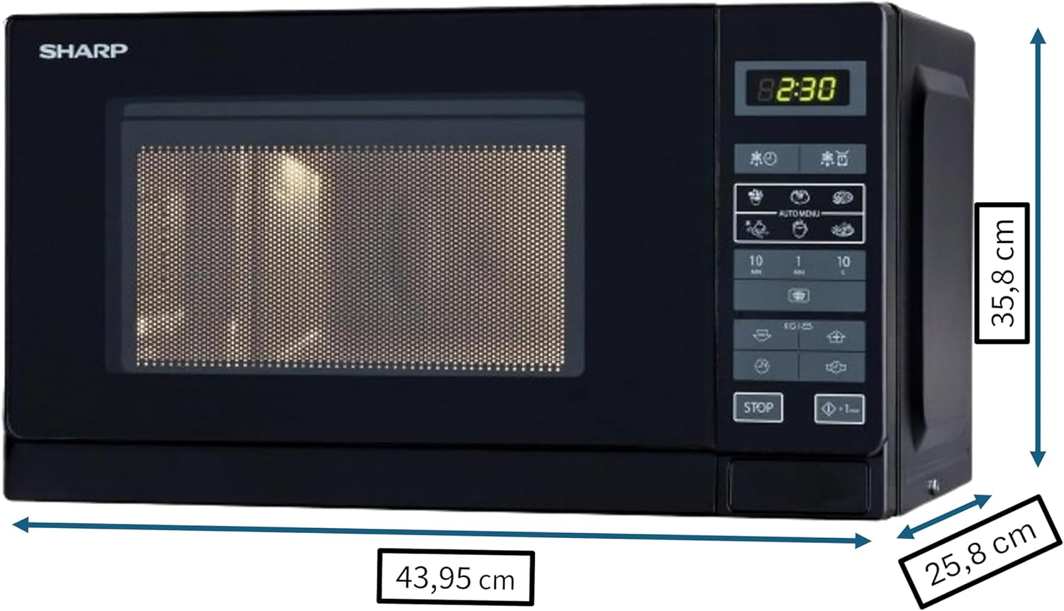 Sharp R242BKW Solo-Mikrowelle / 20 L / 800 W / 5 Leistungsstufen / 8 Automatikprogramme / Gewicht und zeitgesteuerte Auftauen / Kindersicherung / Energiesparmodus / Glasdrehteller (25,5 cm) / schwarz