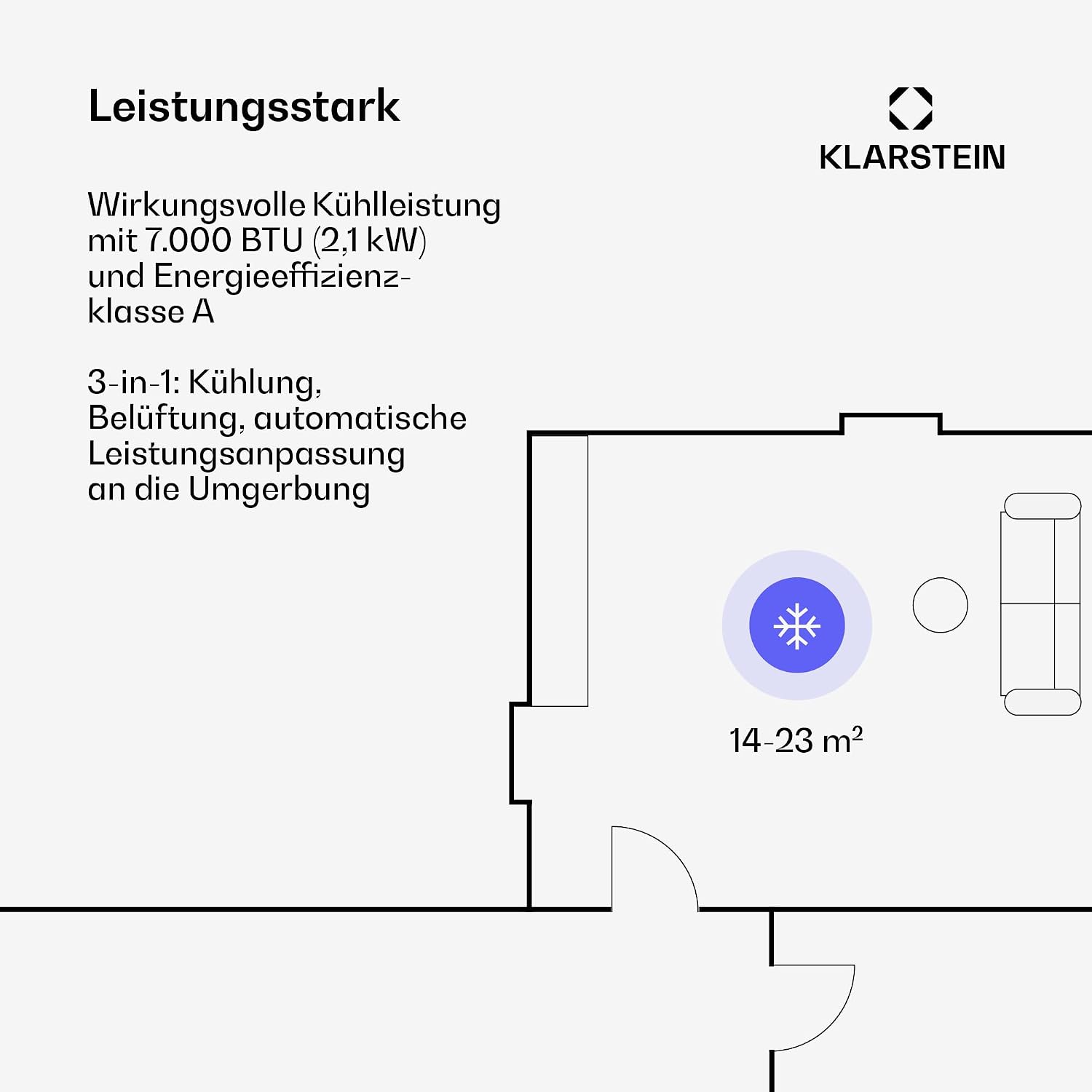 Klarstein Aero Ring Mobiles Klimagerät – 7000 BTU, 3-in-1: Kühlen, Entfeuchten & Ventilator, Smart App & Sprachsteuerung, Für Räume bis 25 m², Energieeffizienz A, R290, Leichtgängige Rollen, Weiß