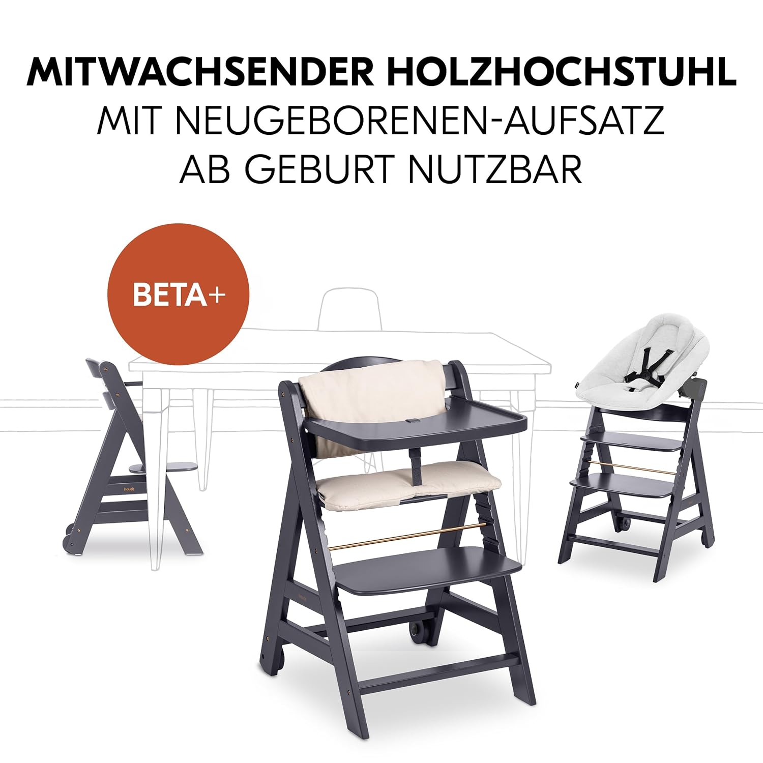 hauck Hochstuhl Beta+ Newborn Set Premium Dark Grey - Babyhochstuhl Set ab Geburt mit Neugeborenen Aufsatz Bouncer, Sitzpolster und Essbrett - Dark Grey