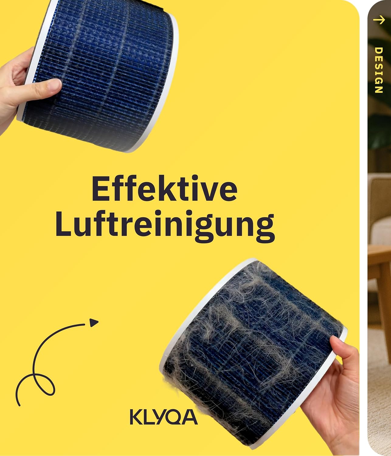 Klyqa Luftreiniger Allergiker 360° HEPA-Filter Pet entfernt 99,99% der Tierhaare, Staub & Pollen I 300 CADR I 21,5Db Geräuscharmer Luftfilter I Smart Air purifier gegen Tierhaar I Server in DE