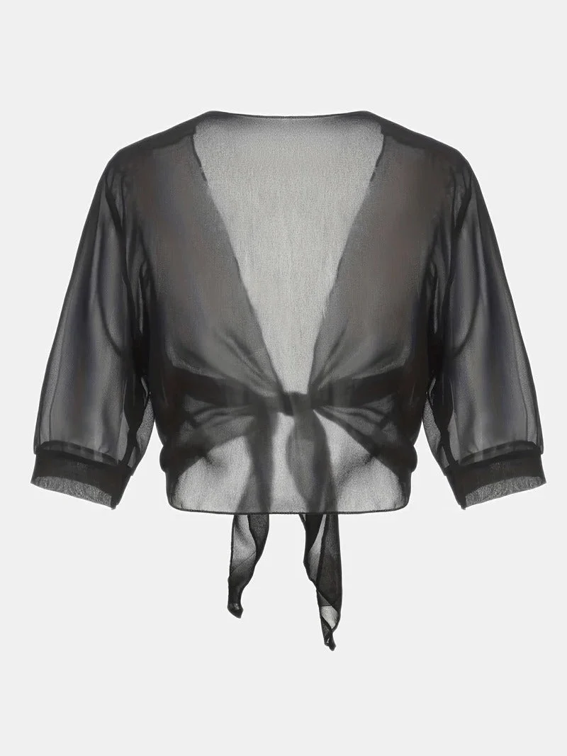 Transparente Damen-Bluse mit Bindeknoten und 3/4-?rmeln