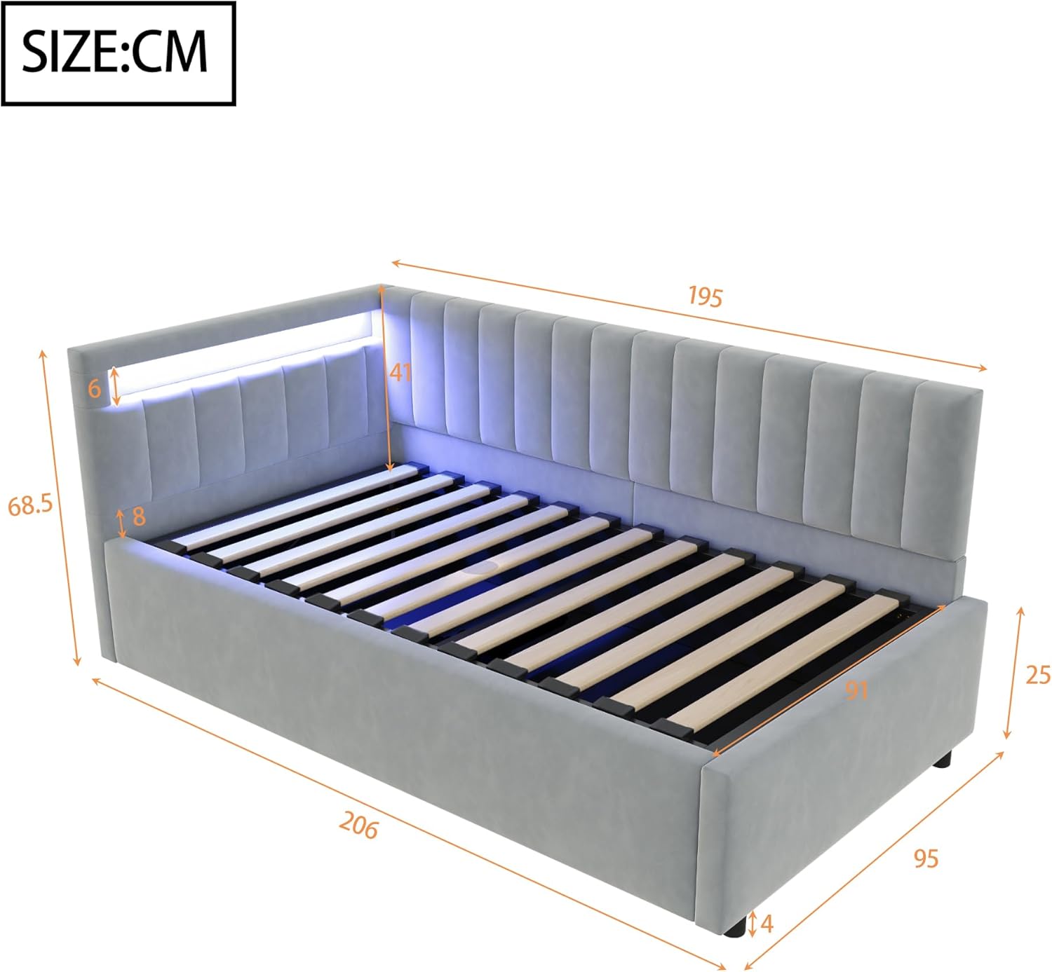 ANIROY Kinderbett Polsterbett 90 x 200 cm, Schlafsofa Einzelbett mit LED und Hydraulischem Stauraum, Daybett Tagesbett Sofabett mit Abnehmbarer Rückenlehne und Lattenrost, ohne Matratze (Hellgrau)