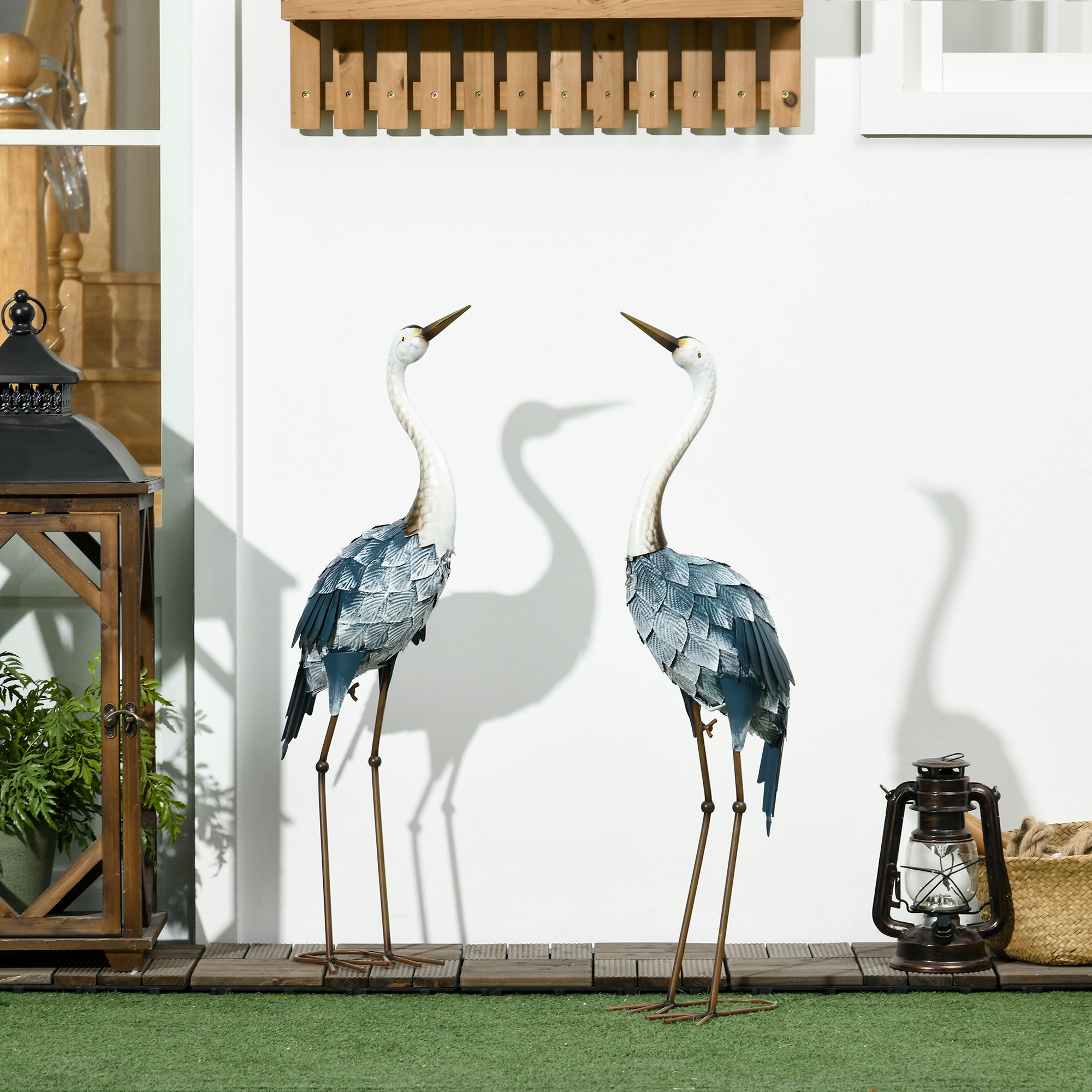 Outsunny Tuinbeeld Kraanvogels, 2-delige Set, roestvrij, weerbestendig, kleurvast, Staal, 26 x 15 x 74 cm, Blauw/Wit/Grijs