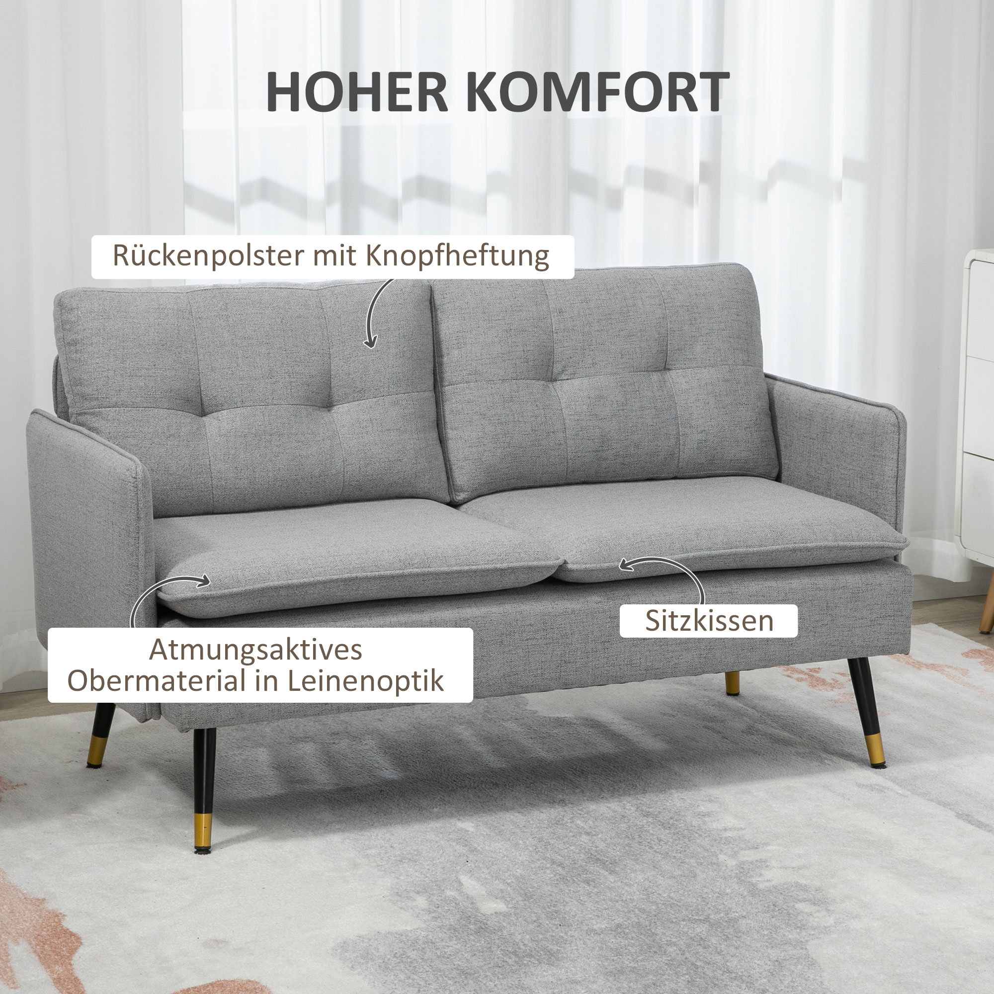 2-zitsbank in retro-design, met knoopstiksels, linnenlook, lichtgrijs+zwart+goud