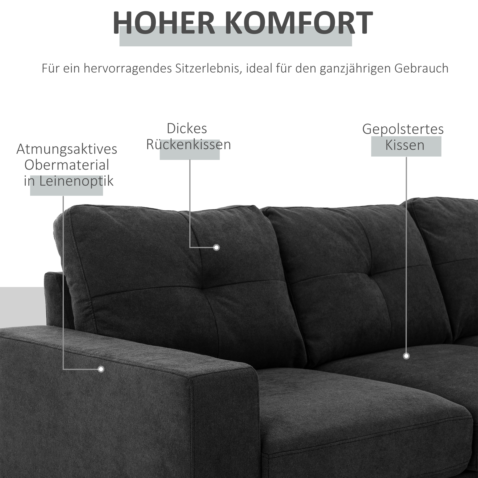 3-zits hoekbank, linnenlook, omkeerbare chaise longue, 193x136x85 cm, zwart