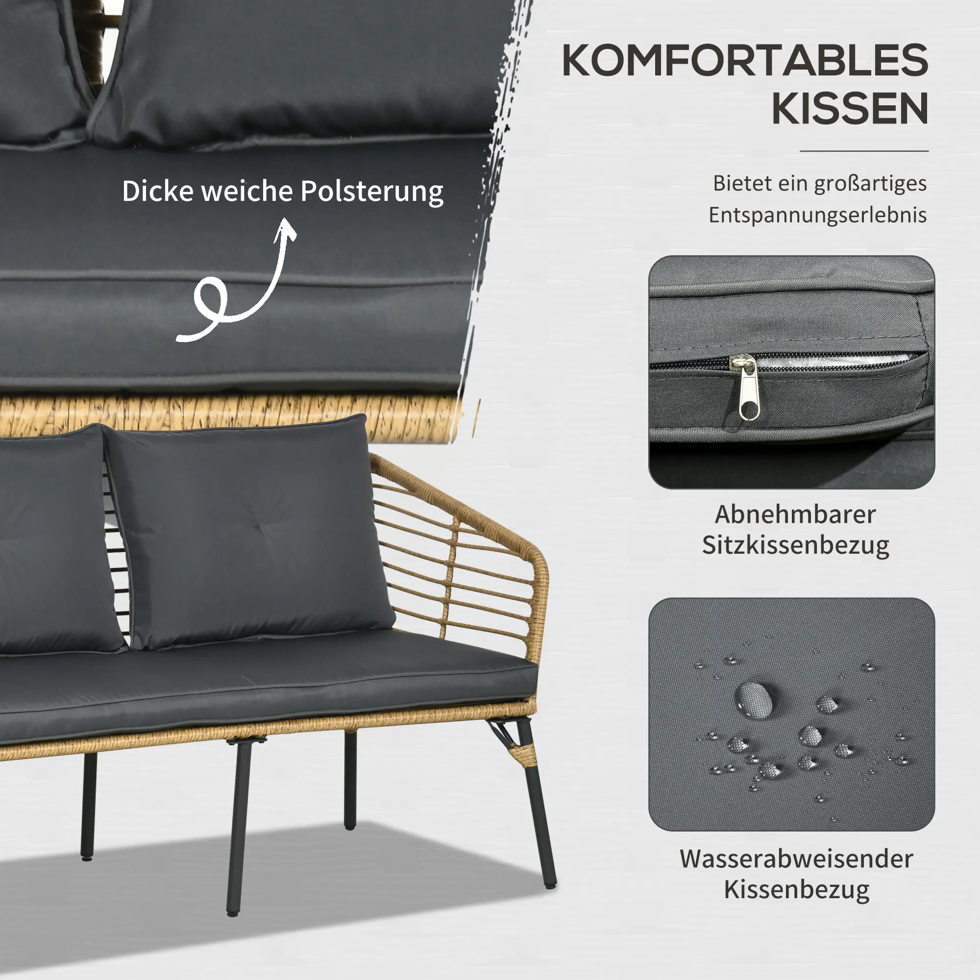 Outsunny Polyrattan Tuinbankset 4-delig. Boho-stijl Glazen Salontafel