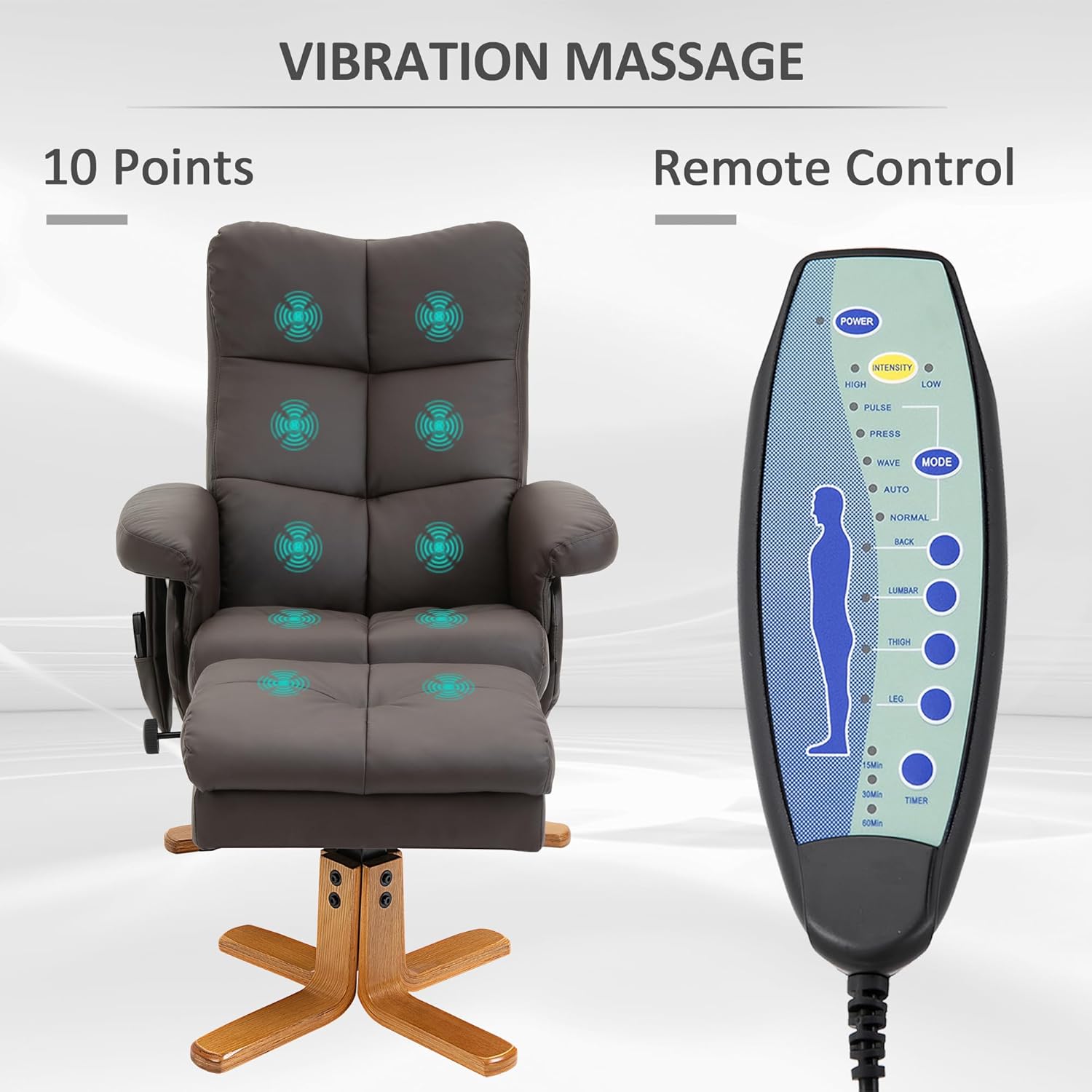 HOMCOM Relaxsessel mit Hocker, 360°drehbarer Fernsehsessel mit Massage, Liegefunktion, Massagesessel mit Seitentasche, TV-Sessel, Kunstleder für Wohnzimmer Braun