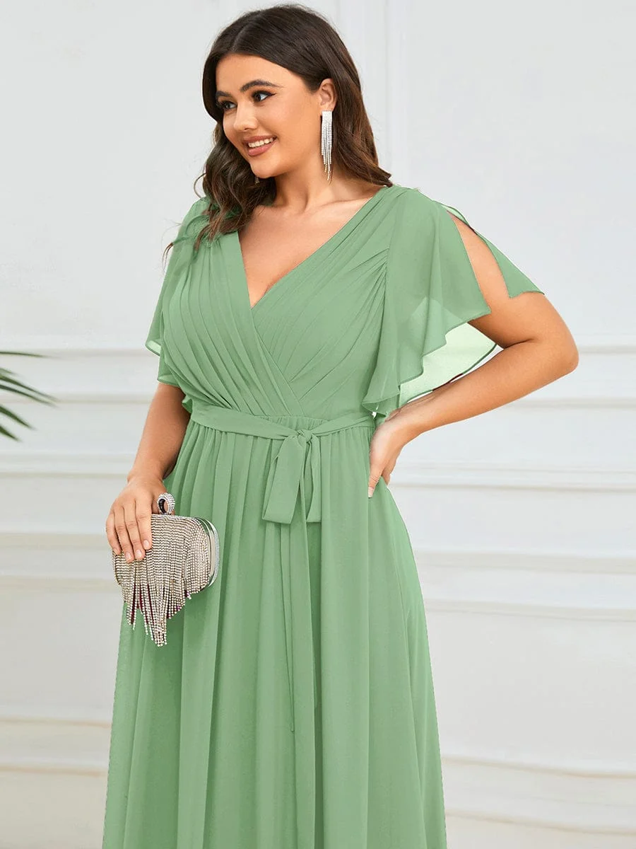 Abendkleid Damen Maxi A-Linie aus Chiffon | Festliches Kleid f��r Hochzeitsg?ste mit V-Ausschnitt und Fl��gel?rmeln