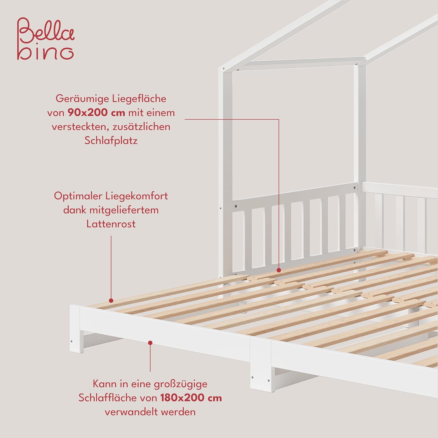 Bellabino Kinderbett Bia 140x200 cm, Hausbett Kinder inkl. Rausfallschutz und Rolllattenrost, Montessori Bodenbett weiß aus Massivholz Kiefer