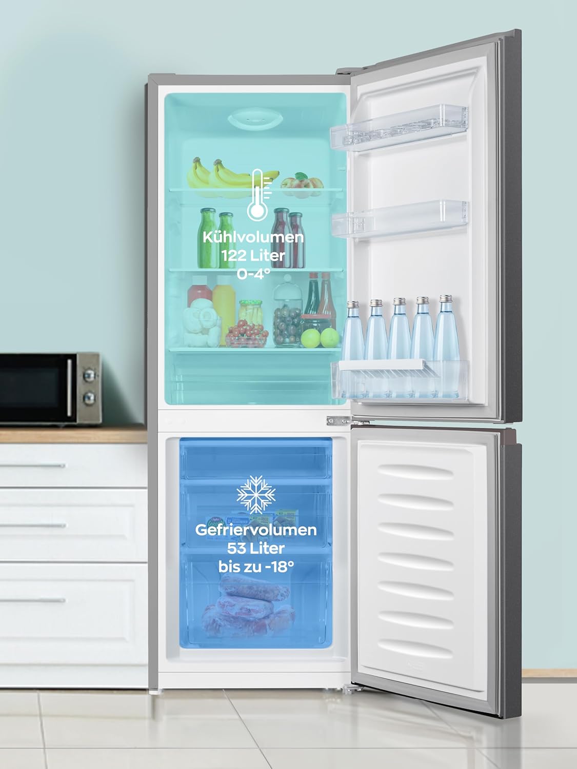 Heinrichs Fridge Freezer Combination 175 Litres, Cooling Volume 122 L, Freezer 53 L, LED Interior Lighting, Fridge Door Hinge, Changeable, Quiet 39 dB, Large Freezer Boxes, 7 Temperature Levels, inox