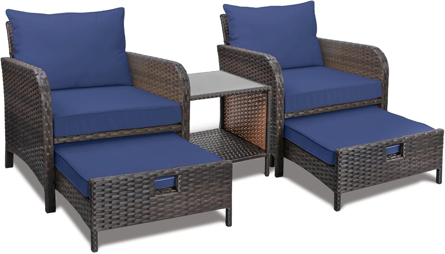 LEVELEVE Balcony Furniture 5 Piece Patio Conversation Set. PE Wicker Rattan Outdoor Lounge Chairs with Soft Cushions 2 Ottoman&Glass Table for Porch. Lawn-Brown Wicker