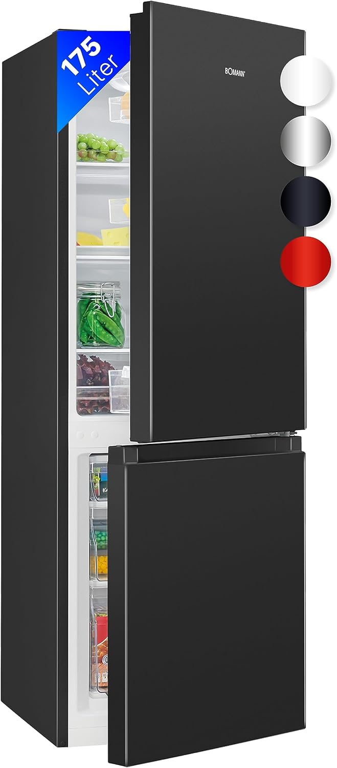 Bomann Fridge-Freezer KG 320.2, 143 cm High, Fridge-Freezer with 175 Litre Capacity, 3 Shelves and 3 Drawers, Door Stop Replaceable, Quiet Fridge-Freezer 39 dB, Black