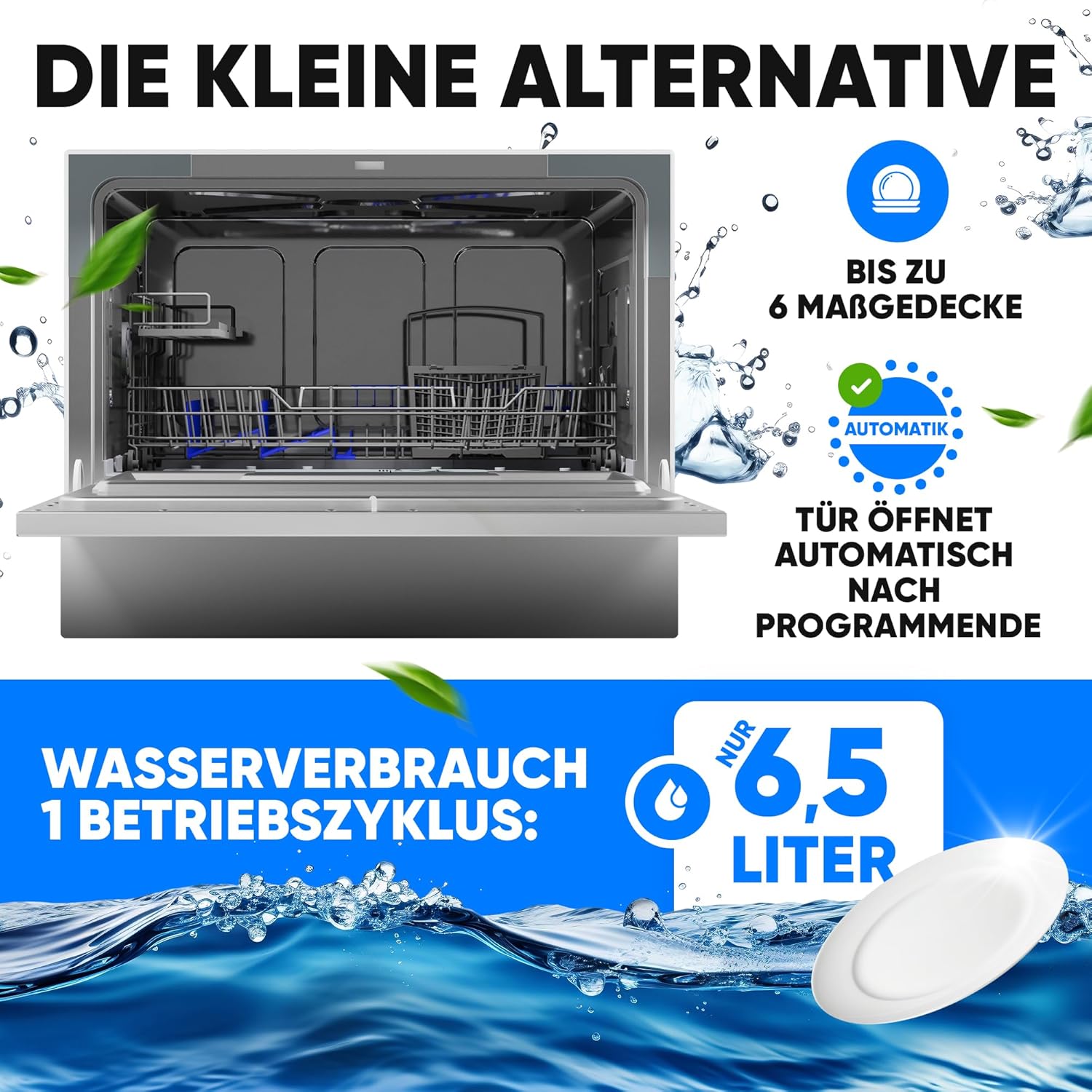 Bomann® Mini Geschirrspüler mit Wasseranschluss | inkl. Schlauch | Tisch Geschirrspüler leise | Mini Spülmaschine für kleine Küchen/Camping | Spülmaschine klein m. Überlaufsicherung | TSG 7405 weiß