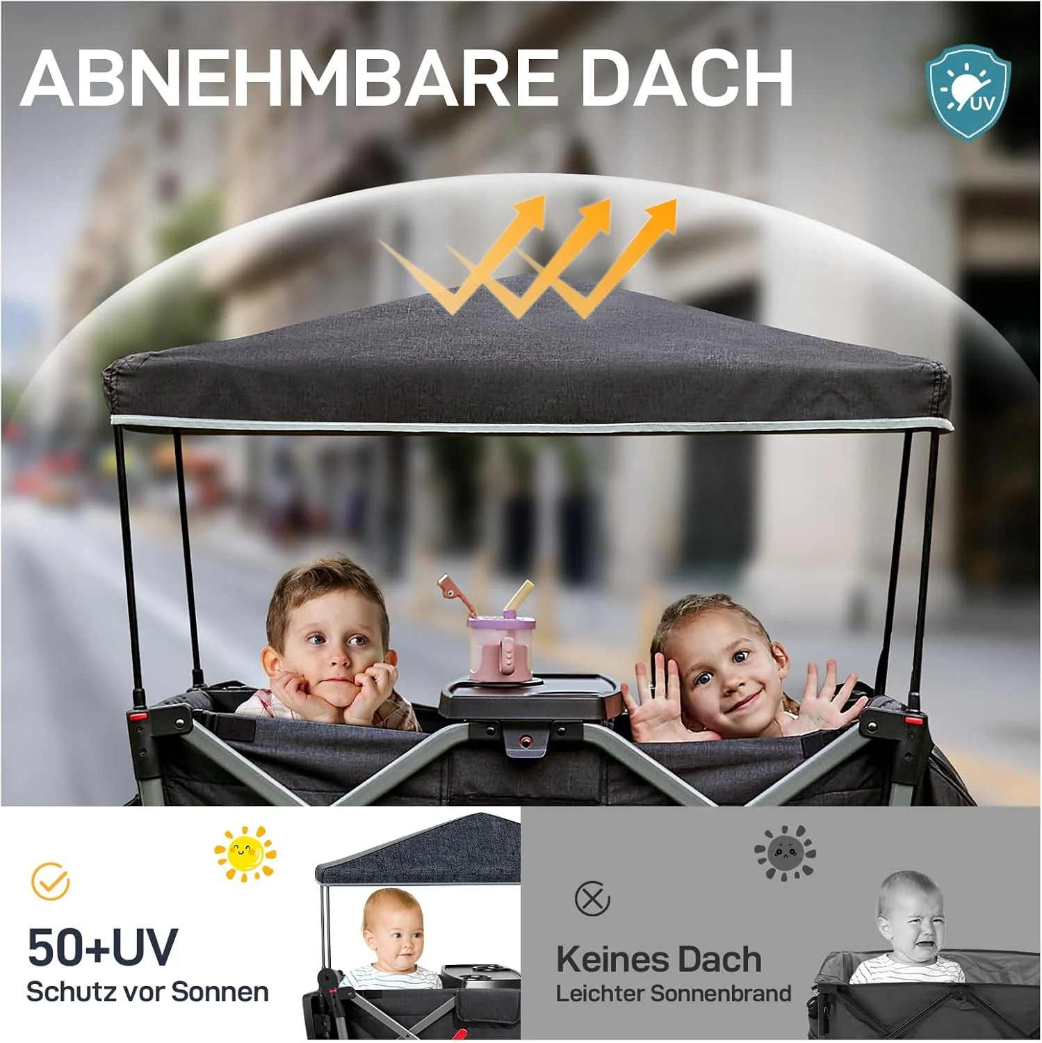 EVER ADVANCED Bolderkar voor 2 kinderen Opvouwbaar met dak, kinderwagen 2x5-punts veiligheidsgordel met luiertas, bolderkar met zitje, handwagen transportwagen, trekken & duwen, voetrem
