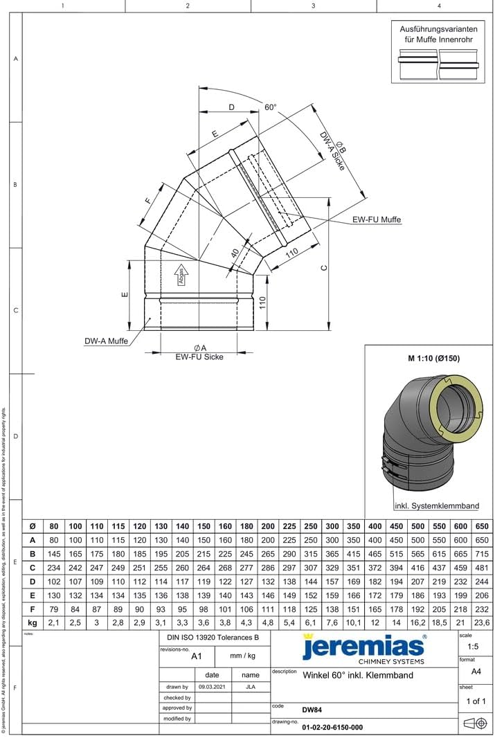 Jeremias DW-FU Edelstahl Abgassystem 300mm Winkel 60 Grad Doppelwandig CE zertifiziert