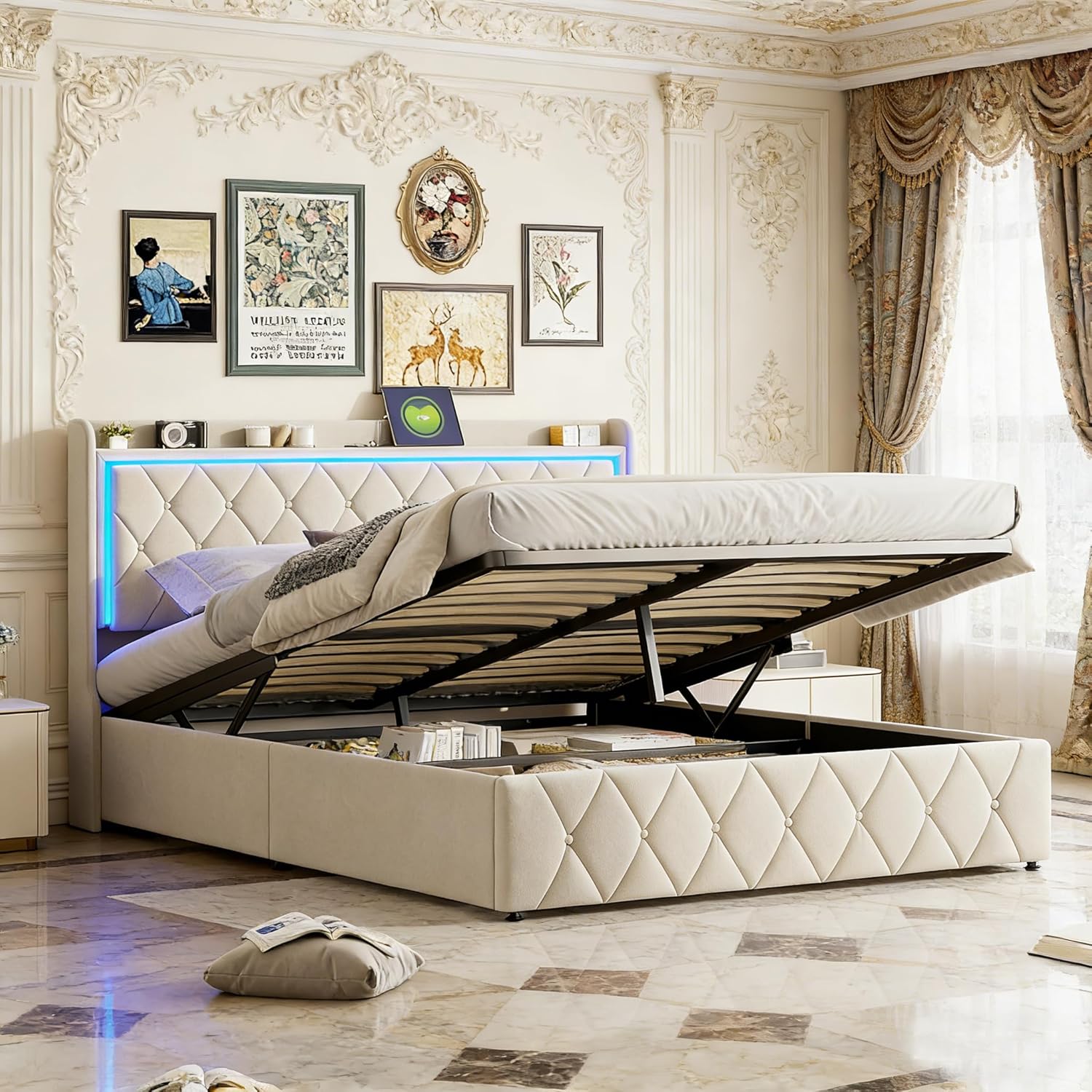 Bett 140x200 mit stauraum, Polsterbett mit LED-Kopfteil, Doppelbett mit USB und Lattenrost, Hydraulischem Stauraum und Metallrahmen, Jugendbett, Bettgestell, Boxspringbett, Samt Beige, Ohne Matratze