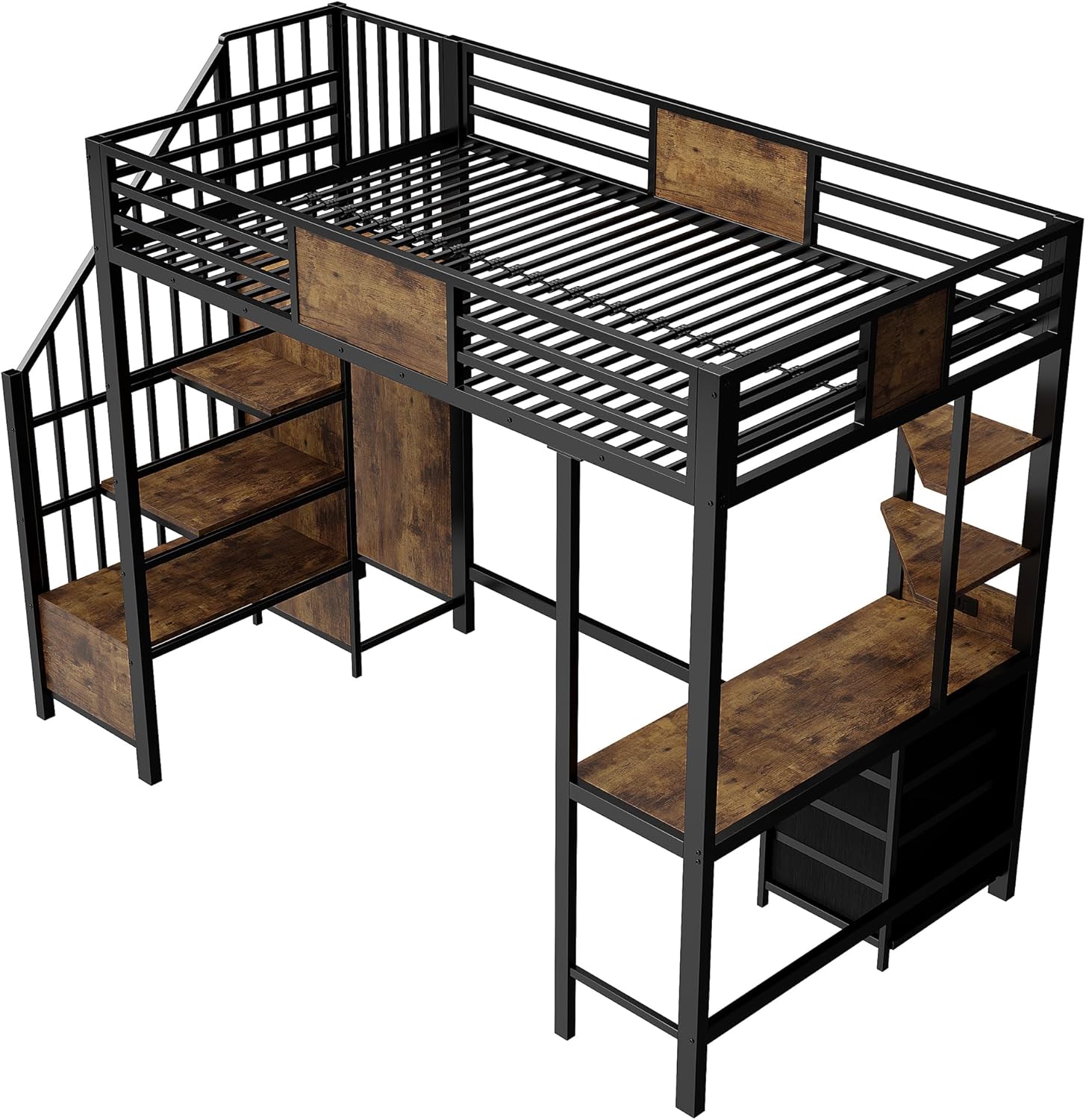 Merax Hochbett 90×200 cm aus Metall, mit Schreibtisch, Offener Kleiderschrank, Loftbett mit LED-Beleuchtung und Steckdose, platzsparendes Etagenbett (ohne Matratze)