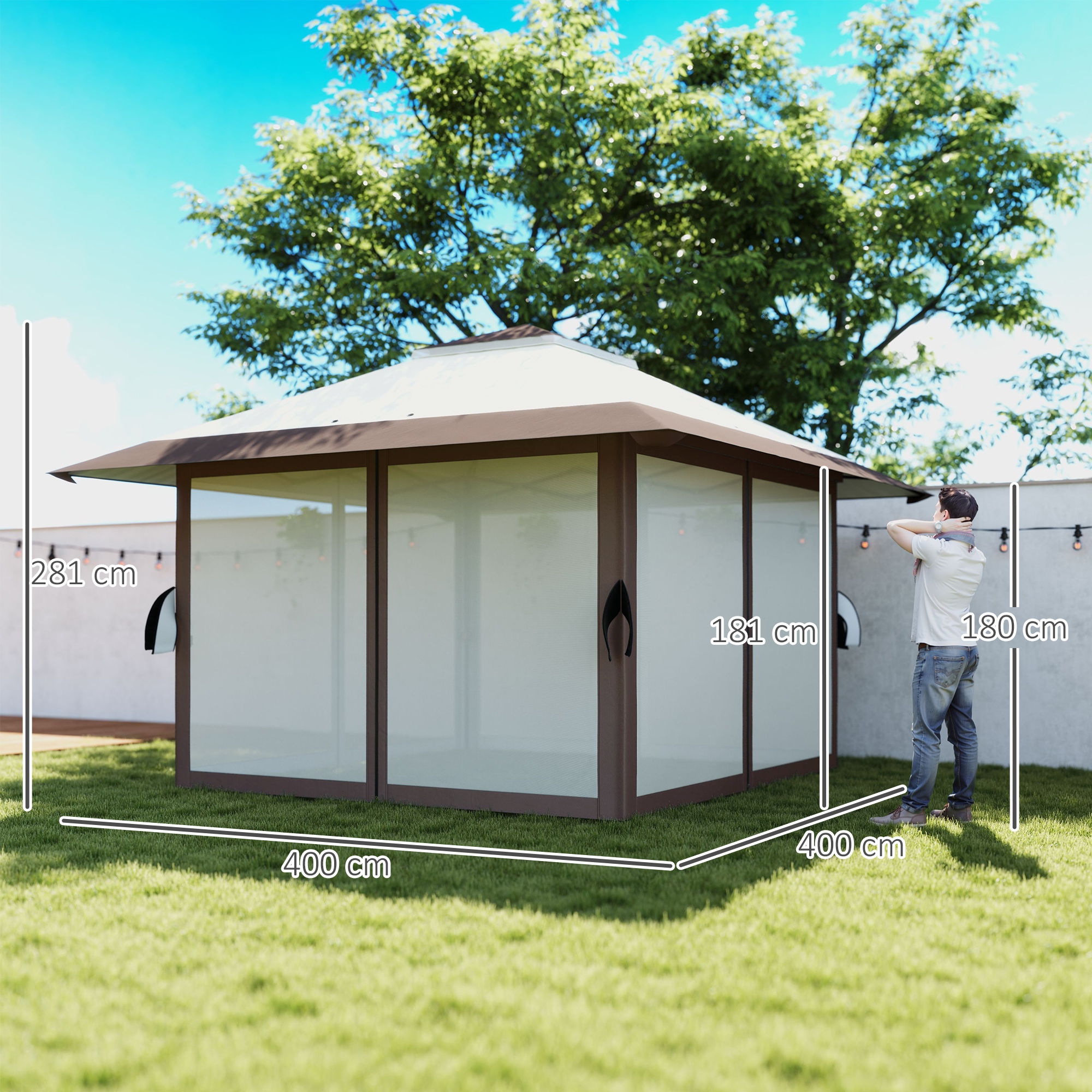 Outsunny 4 x 4 m Tuin Paviljoen, Tuinent met Netwanden, UPF50+ Bescherming, Hoogteverstelbare Partytent, Beige