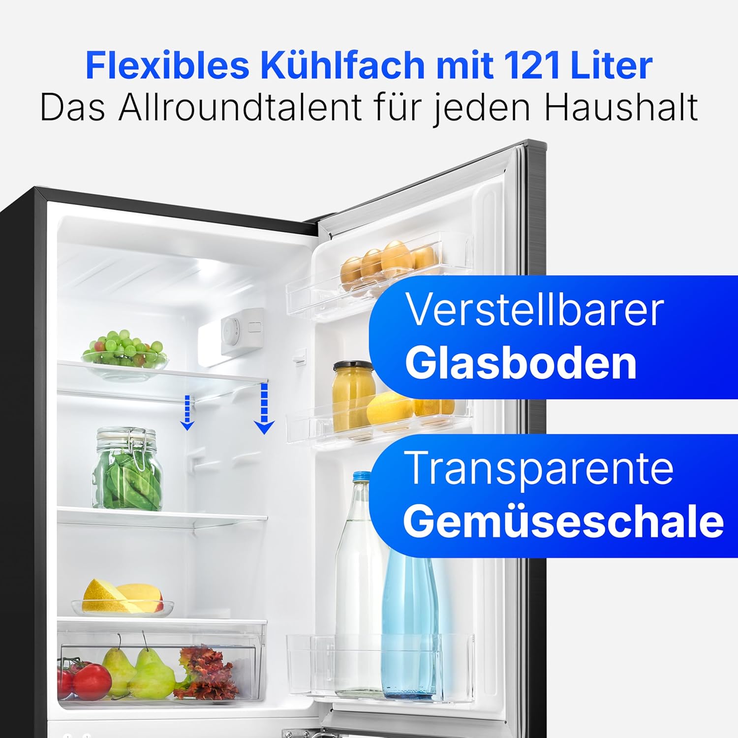Bomann® Kühlschrank mit Gefrierfach | Energieklasse C | 143cm | Kühl Gefrierkombination leise 40 dB | 3 Ablagen & 2 Schubladen | Türanschlag wechselbar | 173L Kühlgefrierkombi | KG 7359 schwarz-inox