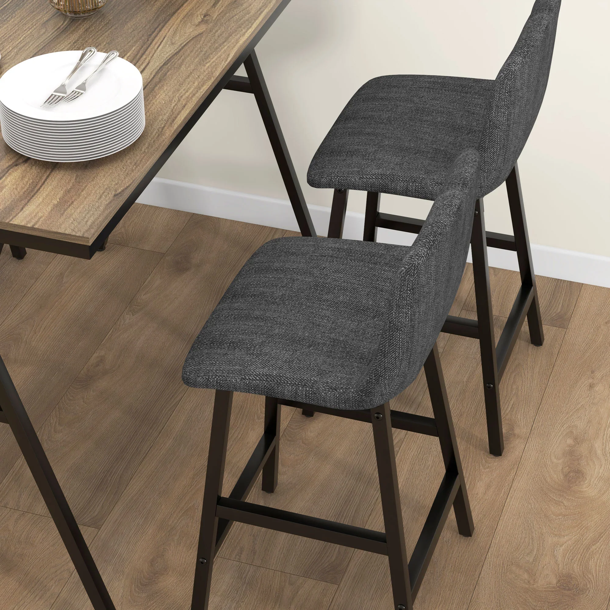 5-delige Bargarnituur, Tafel en 4 Stoelen, Knoopafwerking, Dikke Bekleding, Linnenlook, Donkergrijs