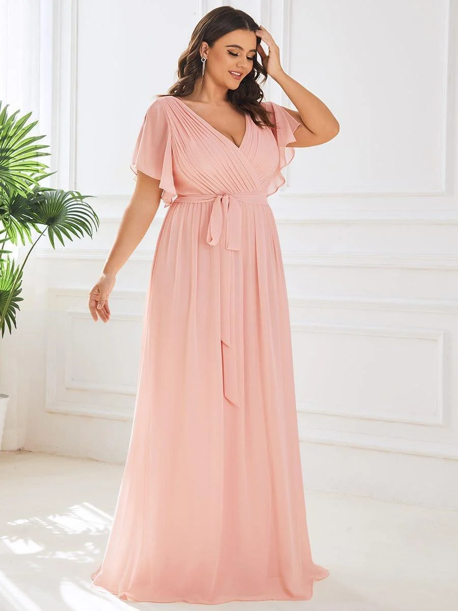 Abendkleid Damen Maxi A-Linie aus Chiffon | Festliches Kleid f��r Hochzeitsg?ste mit V-Ausschnitt und Fl��gel?rmeln