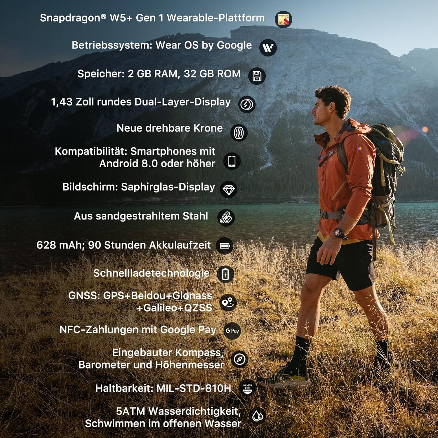 TicWatch Atlas Smartwatch for Men Android Wear OS Watch Outdoor 90 Hrs Battery 110+ Workout Modes Heat Map Fall Detection Health Fitness Tracker 5ATM GPS Compass Android Compatible Only