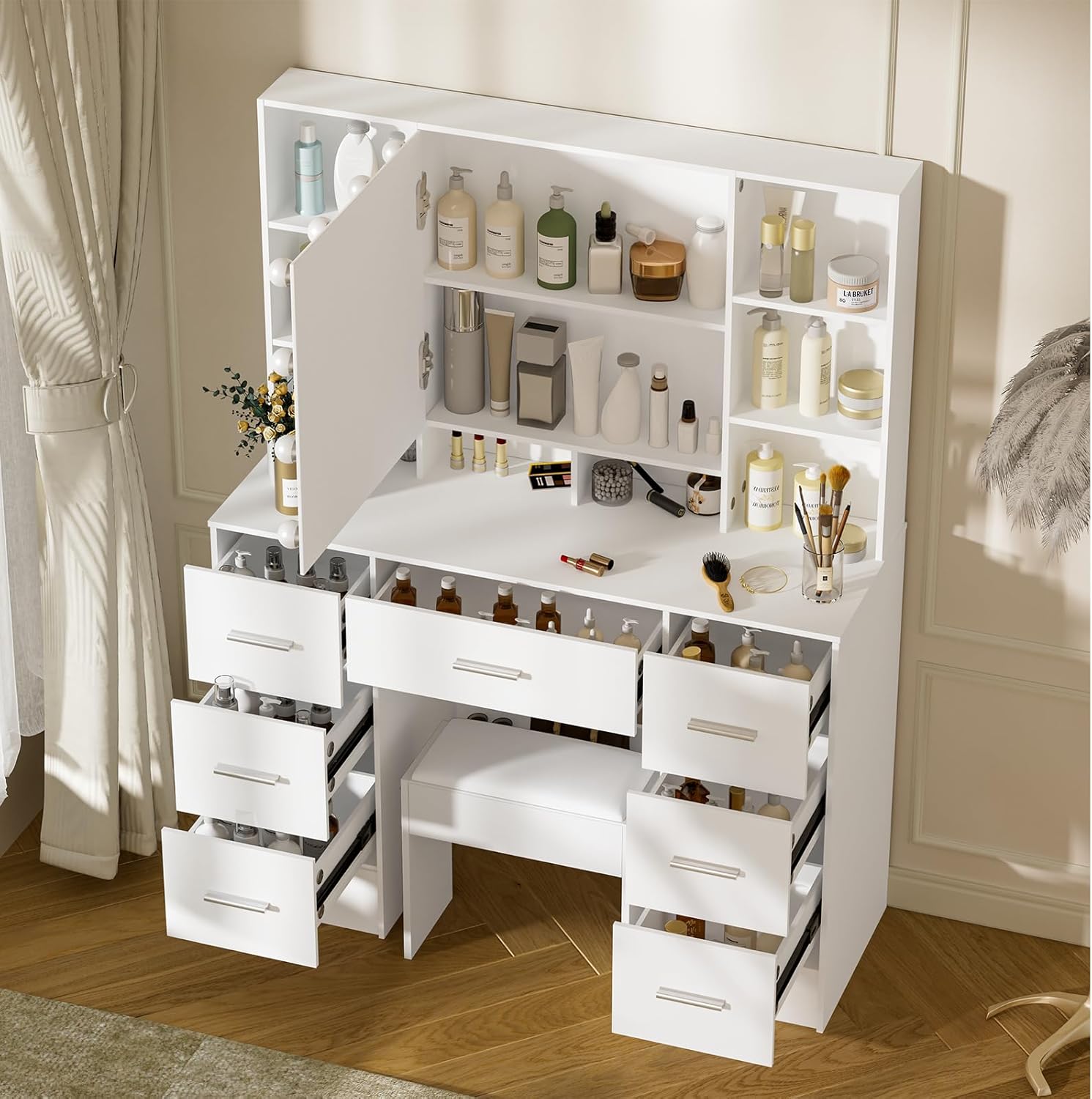 Großer Schminktisch mit Hocker und Spiegel und Beleuchtung, 3 Farbtemperaturen mit Einstellbare Helligkeit, Kosmetiktisch mit 7 Schubladens, 40x100x140cm, SD5210
