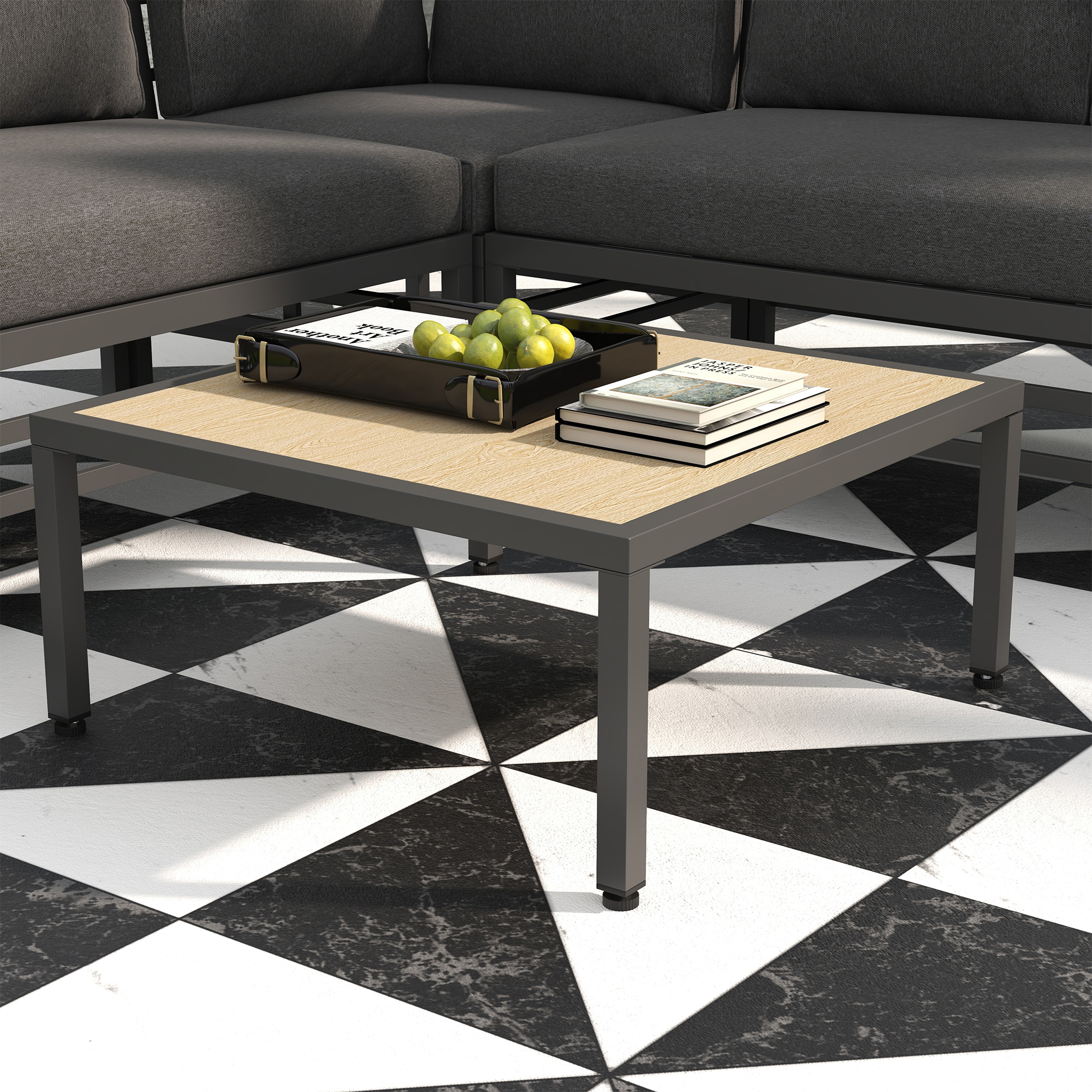 Tuinset Tuinmeubelset Lounge Set, 1 Salontafel, 2 Bijzettafels, 2 Banken, Donkergrijs + Lichtbruin + Zwart