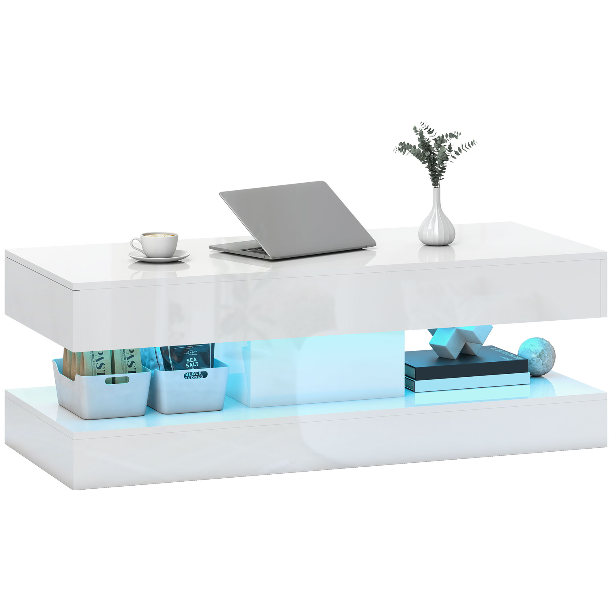 Salontafel met Lades en LED-verlichting, moderne Sofatafel met open opbergruimte, Salontafel, Spaanplaat, Wit