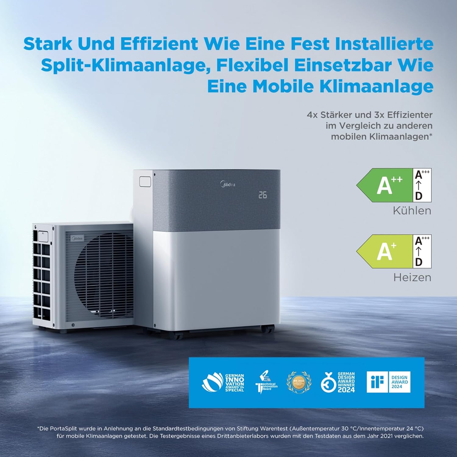 Midea Portasplit Mobile Wärmepumpe, Klimaanlage, Kühlen A++/Heizen A+, 12000 BTU 3, 5kW, für Räume bis zu 42 m² / 105 m³, nur 39 dB(A) im Silent-Modus