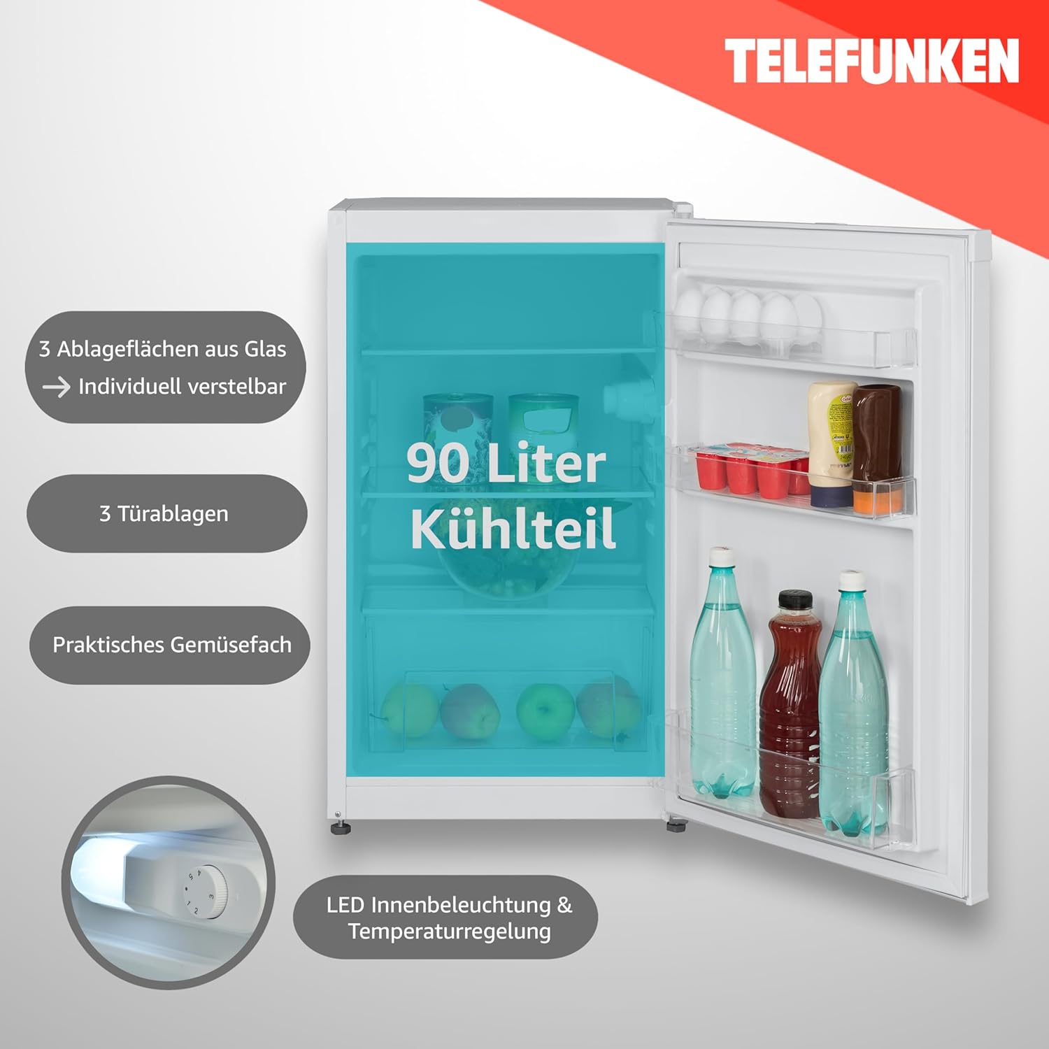 TELEFUNKEN Kühlschrank ohne Gefrierfach, Freistehend, 90 L Gesamt-Nutzinhalt, Kühlschrank klein mit Gemüsefach & 3 Ablagen, Temperaturregelung, LED Innenbeleuchtung, CF-31-121-B schwarz