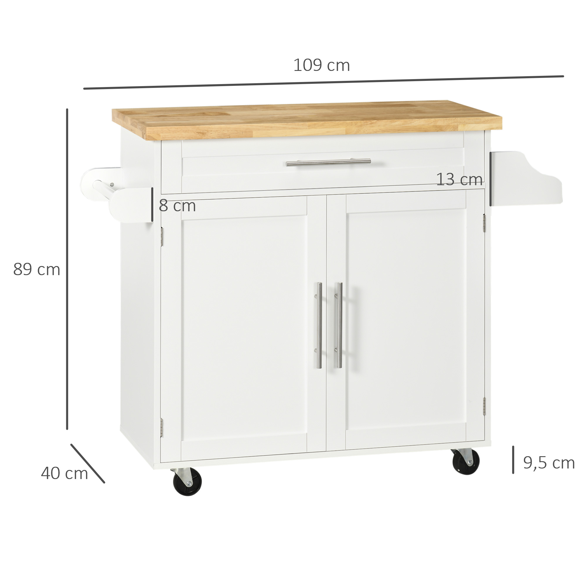 Keukentrolley Serveerwagen Keukeneiland, 1 Kruidenrek, 1 Handdoekhouder, 109 cm x 40 cm x 89 cm, Wit