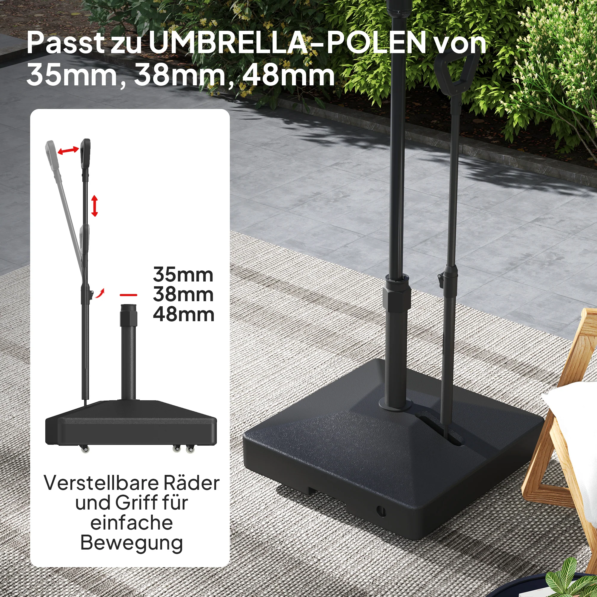 Outsunny Tuinparasolvoet met verstelbare wielen, vulbaar met water en zand, Kunststof, Zwart