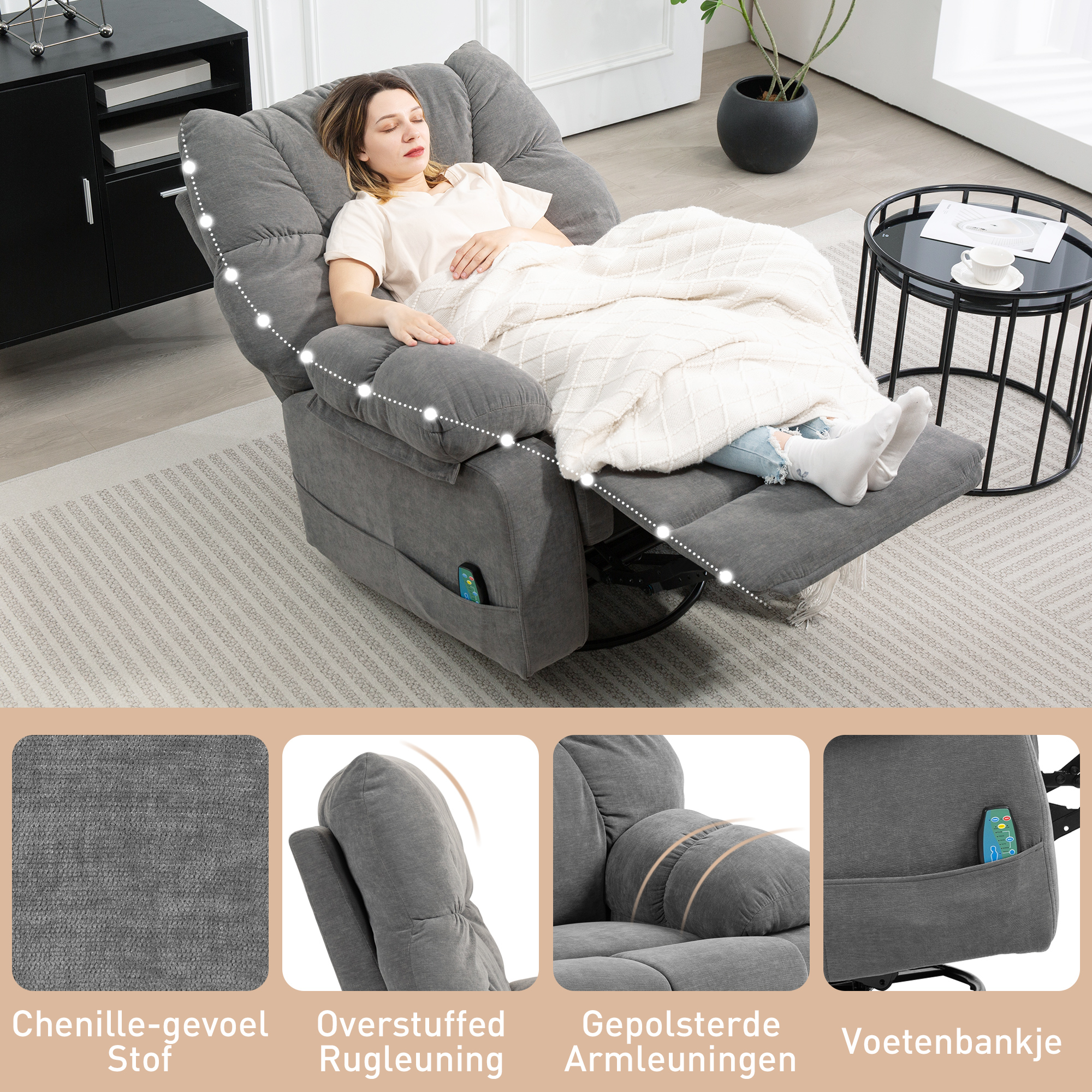 Relaxstoel met Massage- en Ligfunctie, Draaibare Massagestoel, 4 zijzakken en Afstandsbediening, Donkergrijs