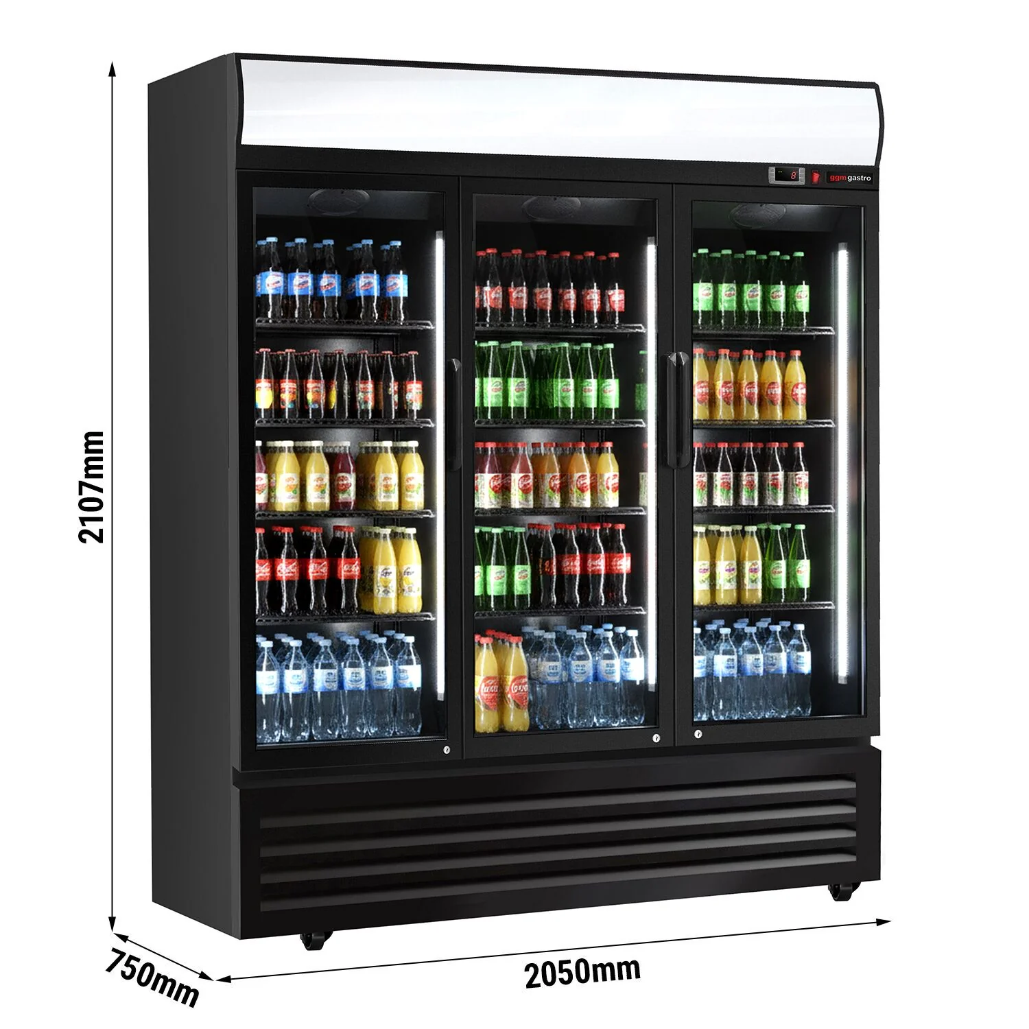Kjøleskap med glassdør - 2050 mm - 1 500 l - med 3 glassdører & LED-belysning - digitalt display - +2 °C til +8 °C