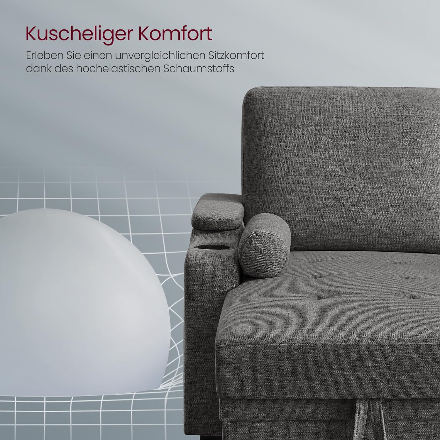 VASAGLE Schlafsofa, Schlafcouch, Bettsofa mit Stauraum, Polstermöbel, Bezug aus Baumwoll-Leinen-Mischgewebe, Becherhalter, modern, Gästezimmer, grau LCS801G01