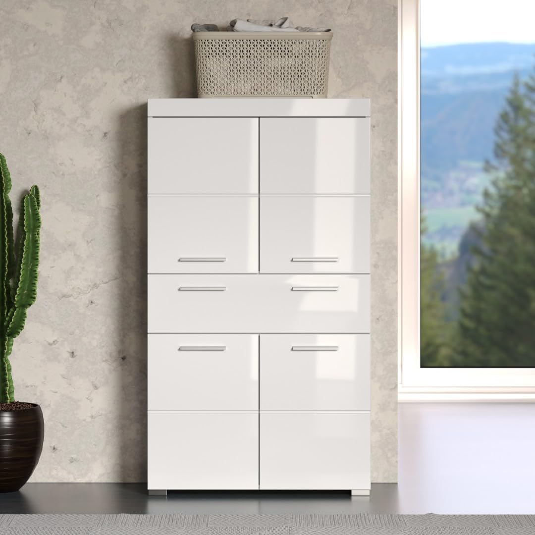 trendteam smart living - Amanda - Hochschrank - Weiß Hochglanz - Badezimmerschrank breit mit 4 höhenverstellbaren Einlegeböden - (BxHxT) 73 x 130 x 31 cm - 4 Fächer und eine große Schublade