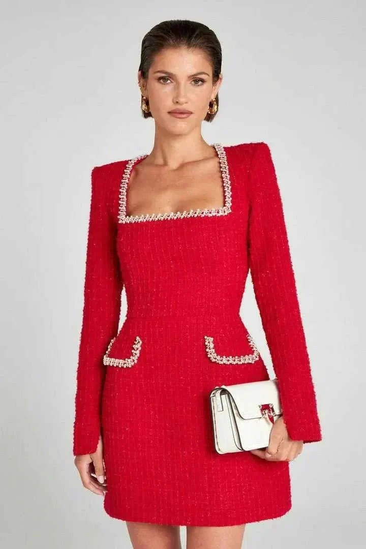 Langarm Tweed Minikleid f��r Damen mit Perlendetails und elegantem Schnitt