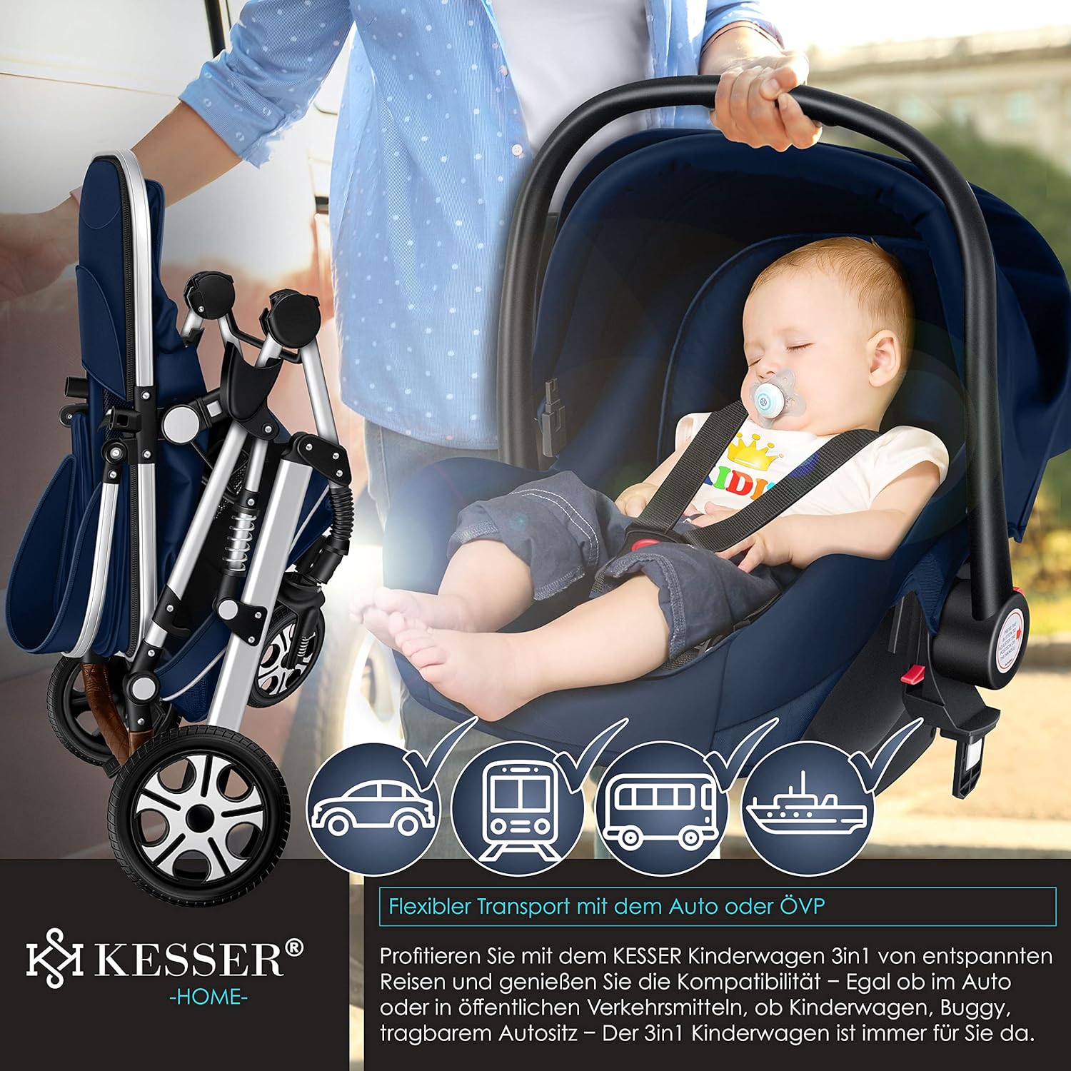 KESSER® Loops 3 in 1 Kinderwagen Kombikinderwagen Komplett-Set inkl. Babywanne & Buggy Sportsitz & Auto-Babyschale Voll-Gummireifen Wickeltasche Regenschutz Kindertisch ECE R129, Schwarz/Champagne
