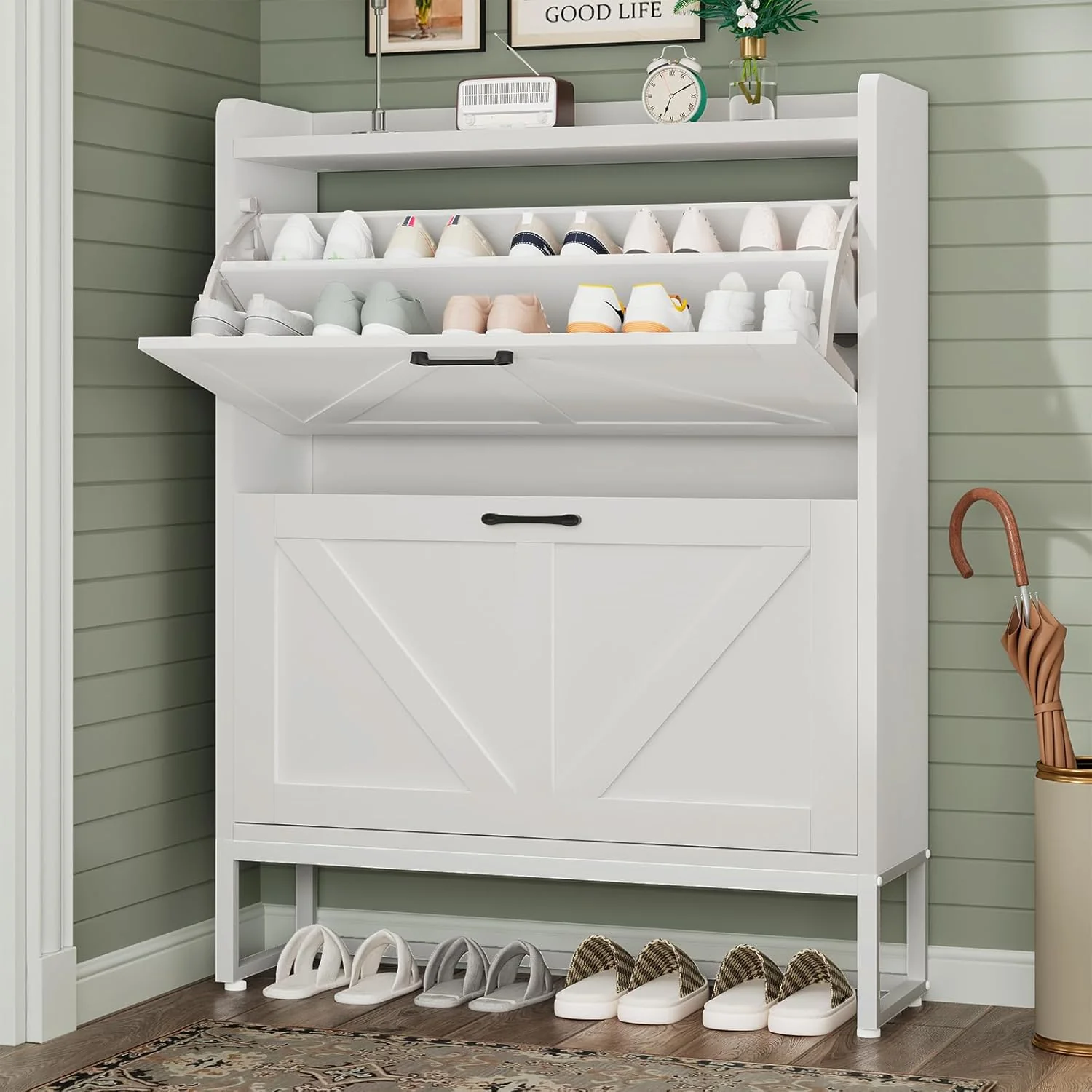 Shoe Cabinet, Shoe Storage Cabinet with 2 Flip Drawers & Adjustable Shelf