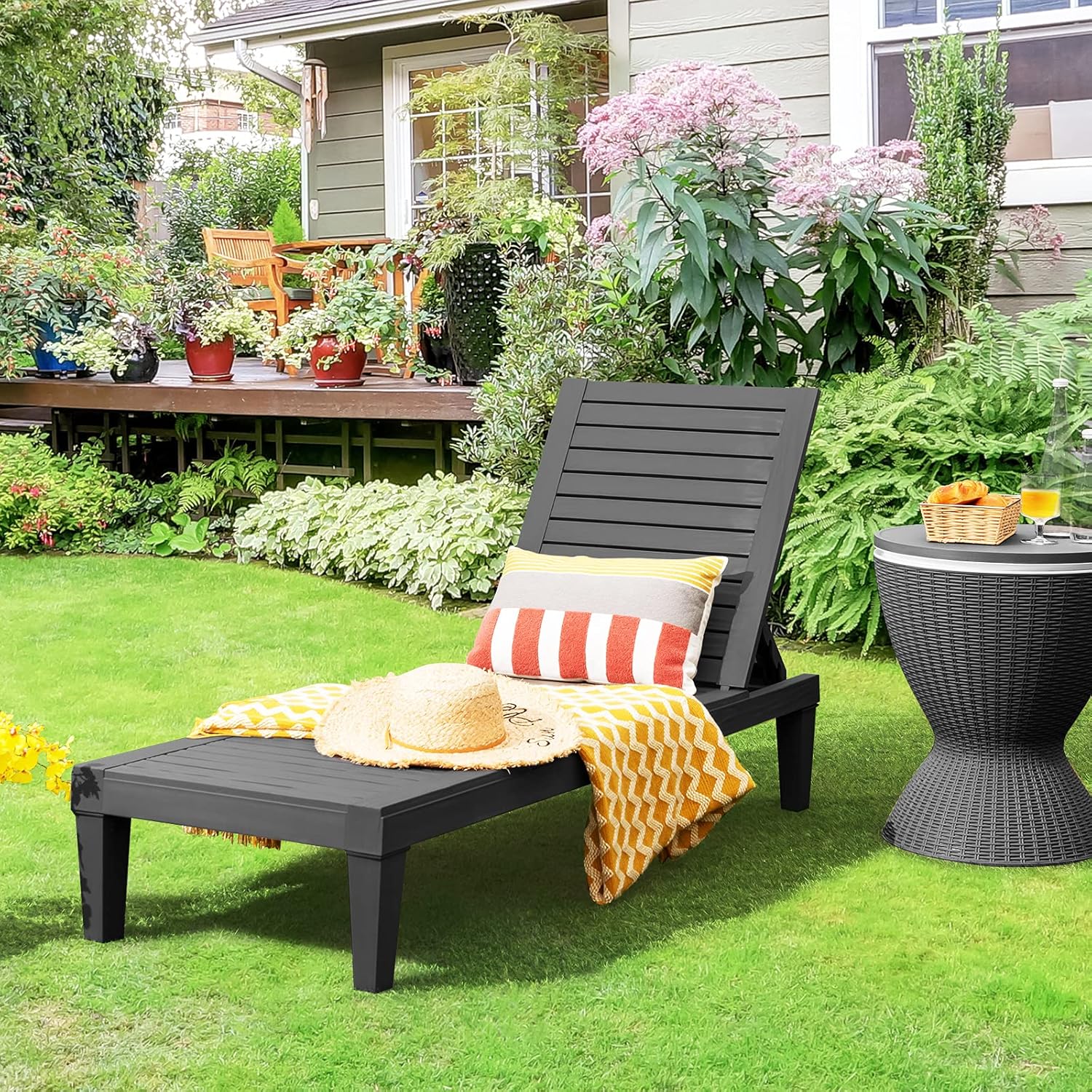 COSTWAY 2er Set Sonnenliege Kunststoff wetterfest, Gartenliege mit Verstellbarer Rückenlehne, Balkonliege, Terrassenliege Holzoptik, Liegestuhl bis 180 kg belastbar für Garten, Terrasse, Schwarz