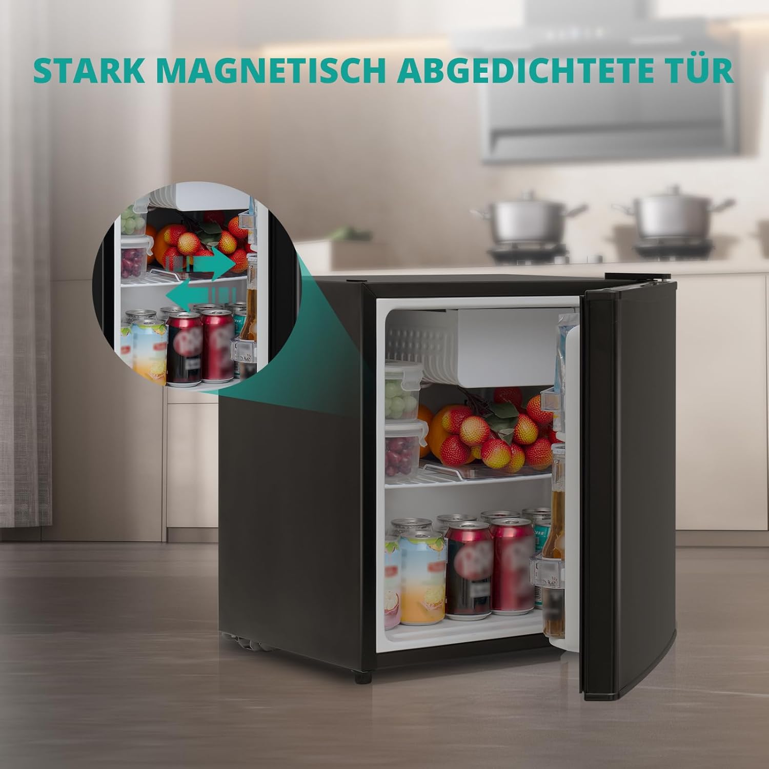 SMETA Mini kühlschränke 45L, Getränkekühlschrank klein 230V, Leise Tischkühlschrank für Büro, Camping, Schlafzimmer & Hotel mit Umkehrbarer 6-Stufen Thermostat, 39dB, 0-10℃,Schwarz